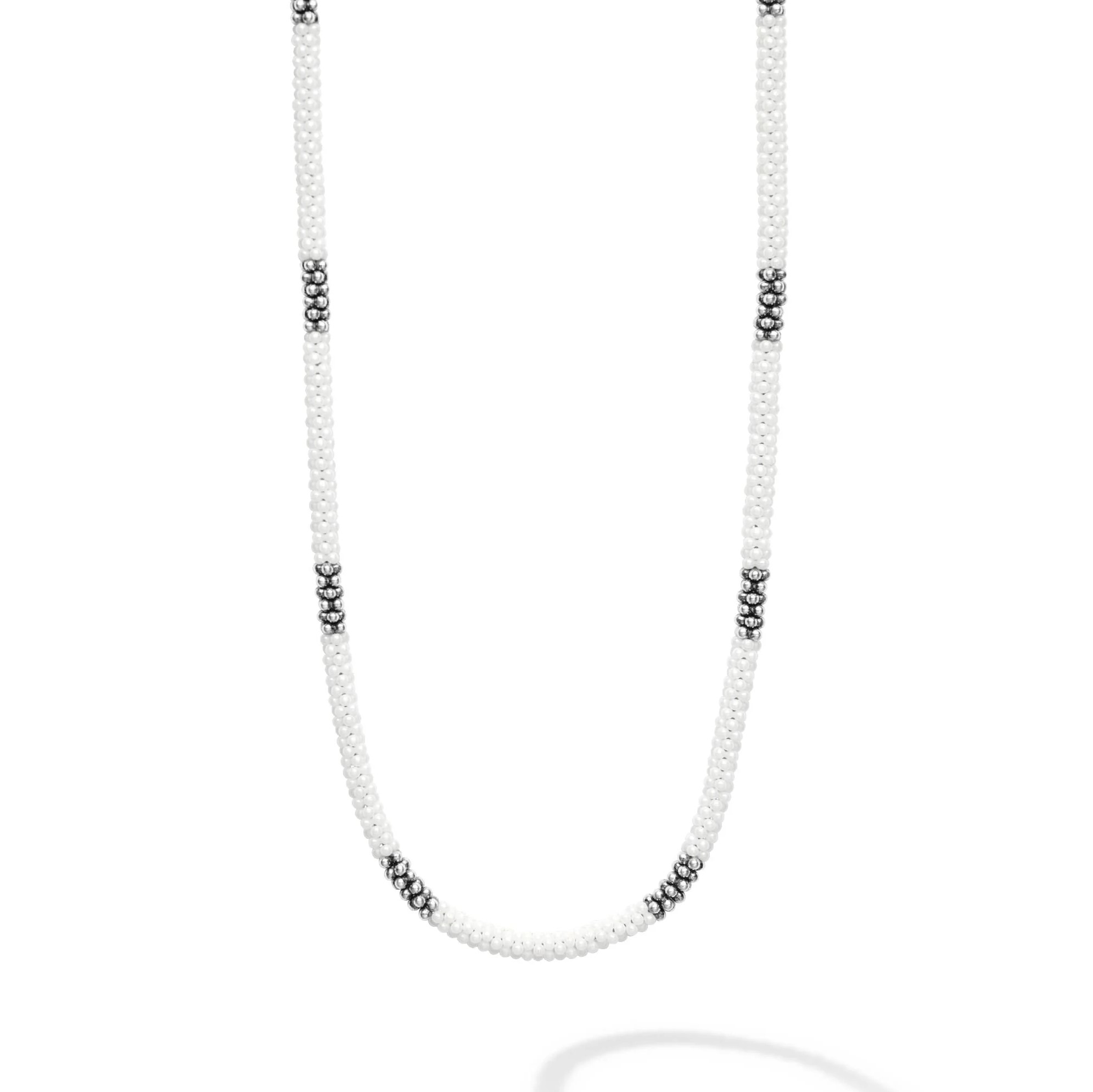 Lagos Sterling Silver White Caviar White Ceramic 12 Medium Stations 3mm Rope Necklace 18