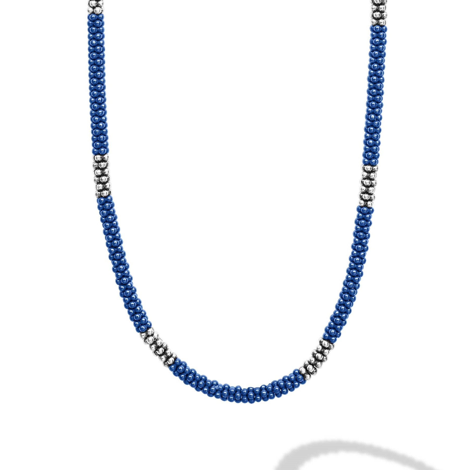 Lagos Sterling Silver Marine Blue Ceramic 3mm Rope Necklace with 12 Medium Stations