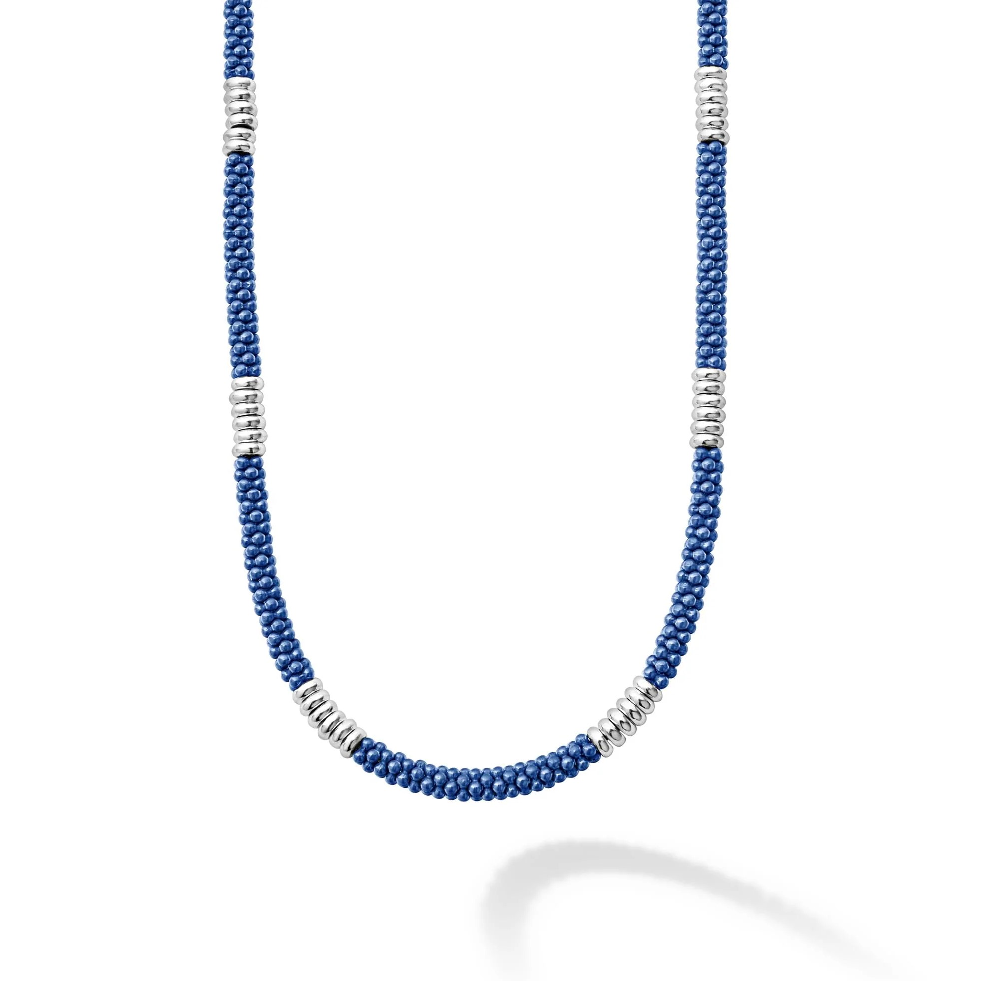 Lagos Sterling Silver Blue Caviar Marine Ceramic Smooth Sterling Silver Stations 3mm Rope Necklace