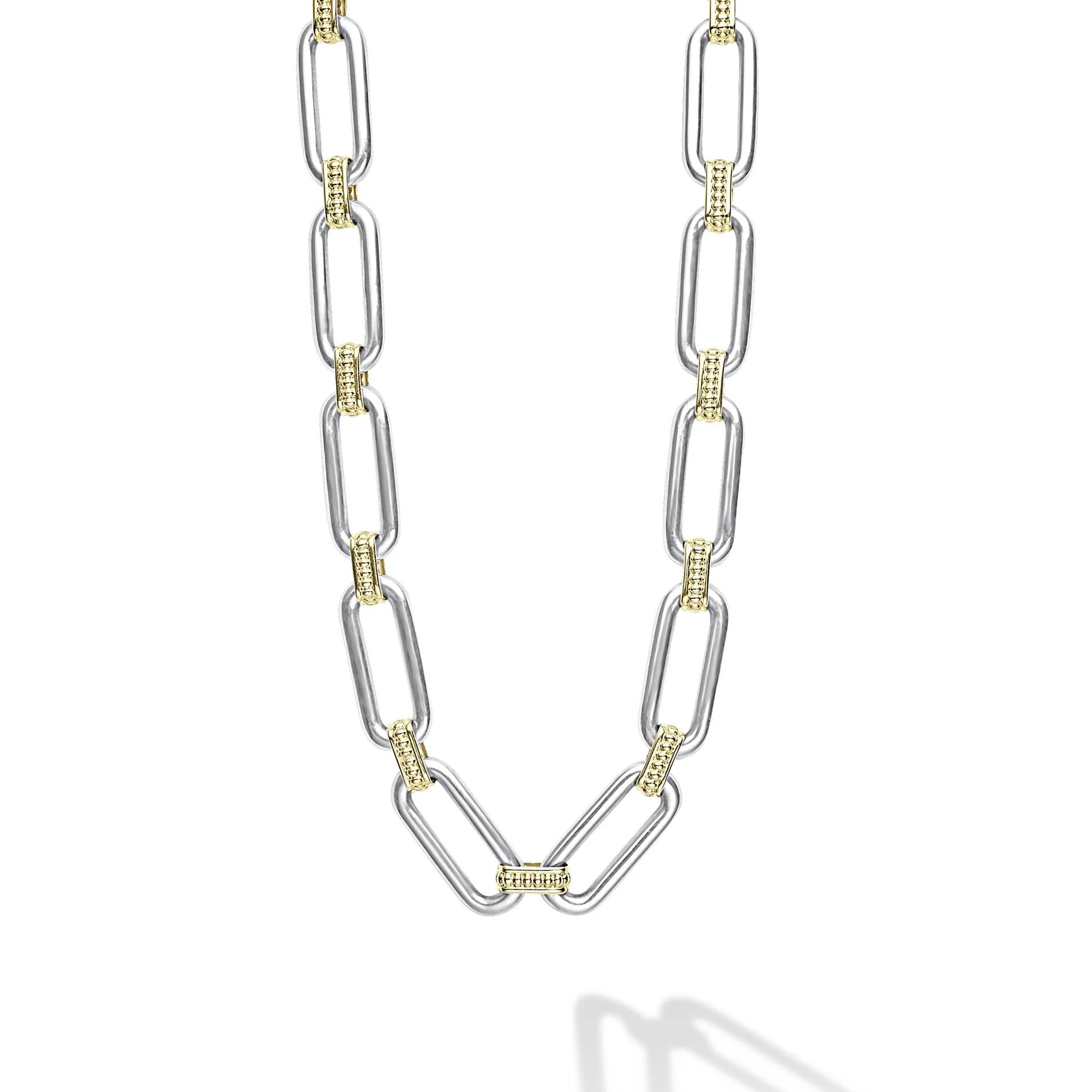 Lagos Sterling Silver & 18K Yellow Gold Signature Caviar Adjustable Toggle Closure Smooth Oval Link Necklace 18