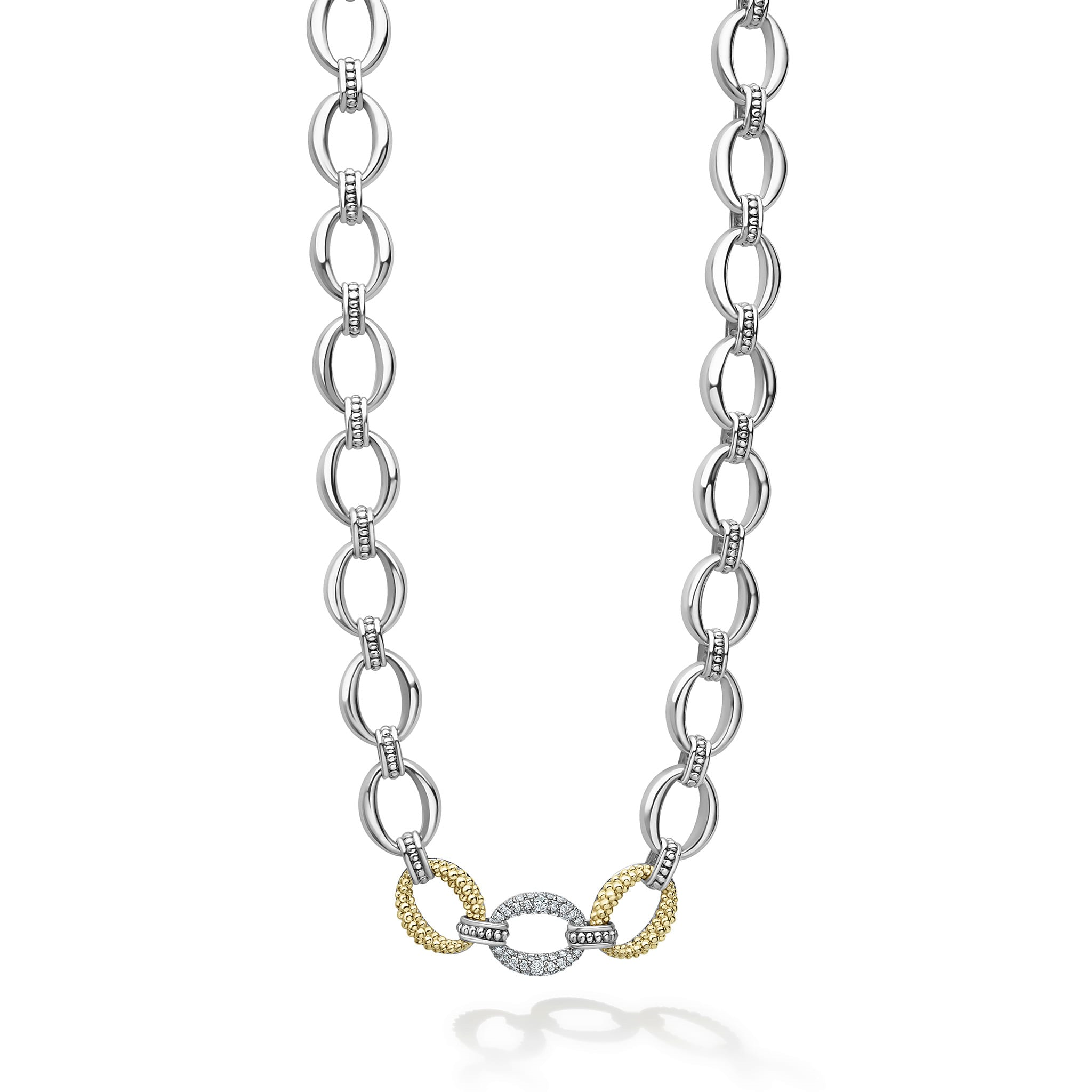 Lagos Sterling Silver & 18K Yellow Gold Caviar Lux Single Station Diamond Link Necklace