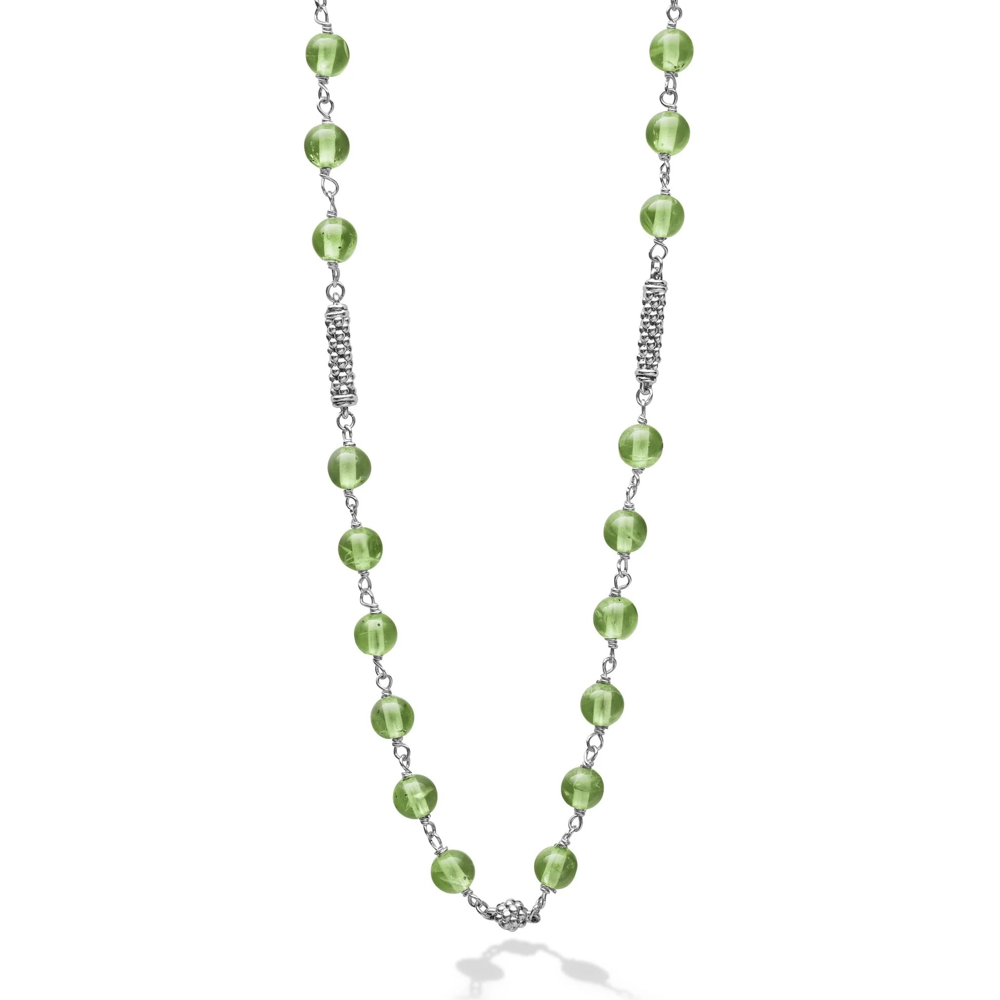 Lagos Sterling Silver Icon Necklace with 38 Smooth Peridot Beads 4mm Pigtail Link with Stations 16-18