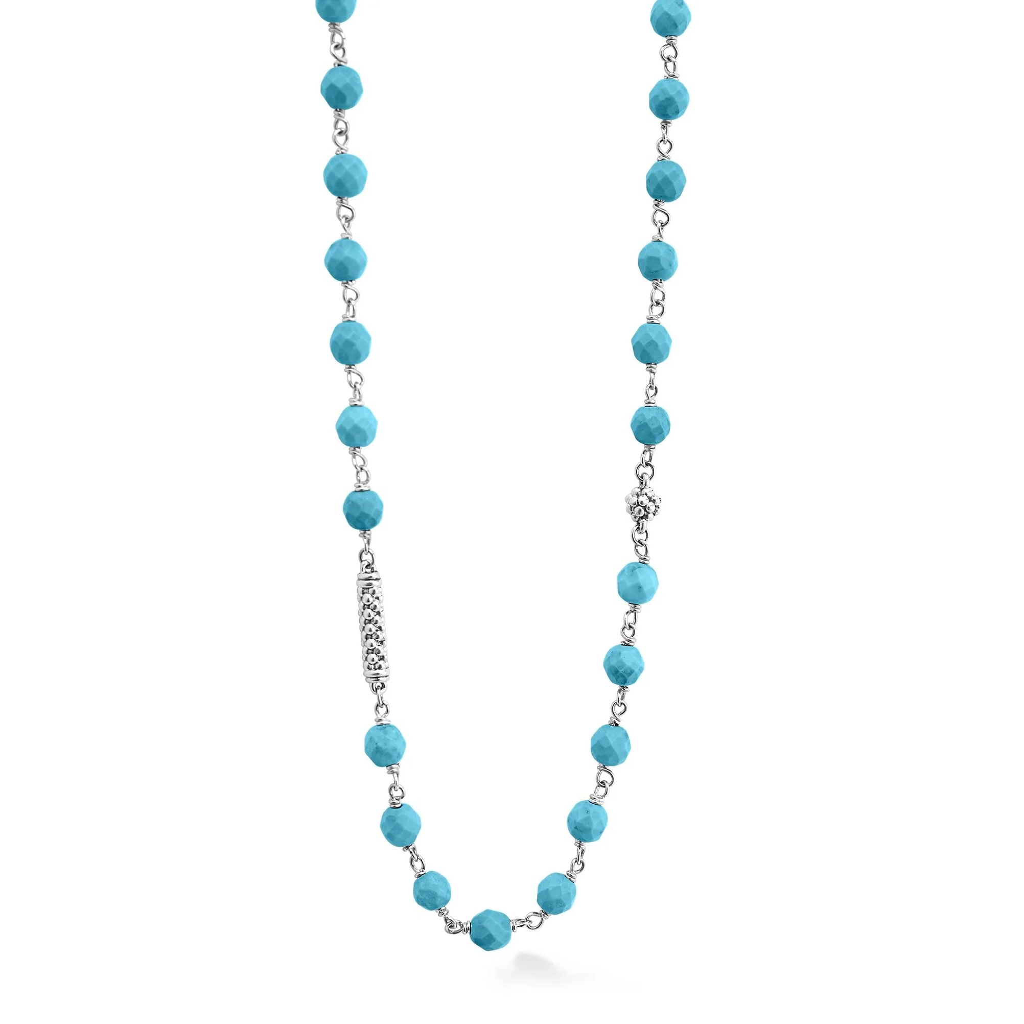 Lagos Sterling Silver Caviar Icon Necklace with 88 Faceted Turquoise Beads 4mm Pigtail Link with Stations 34