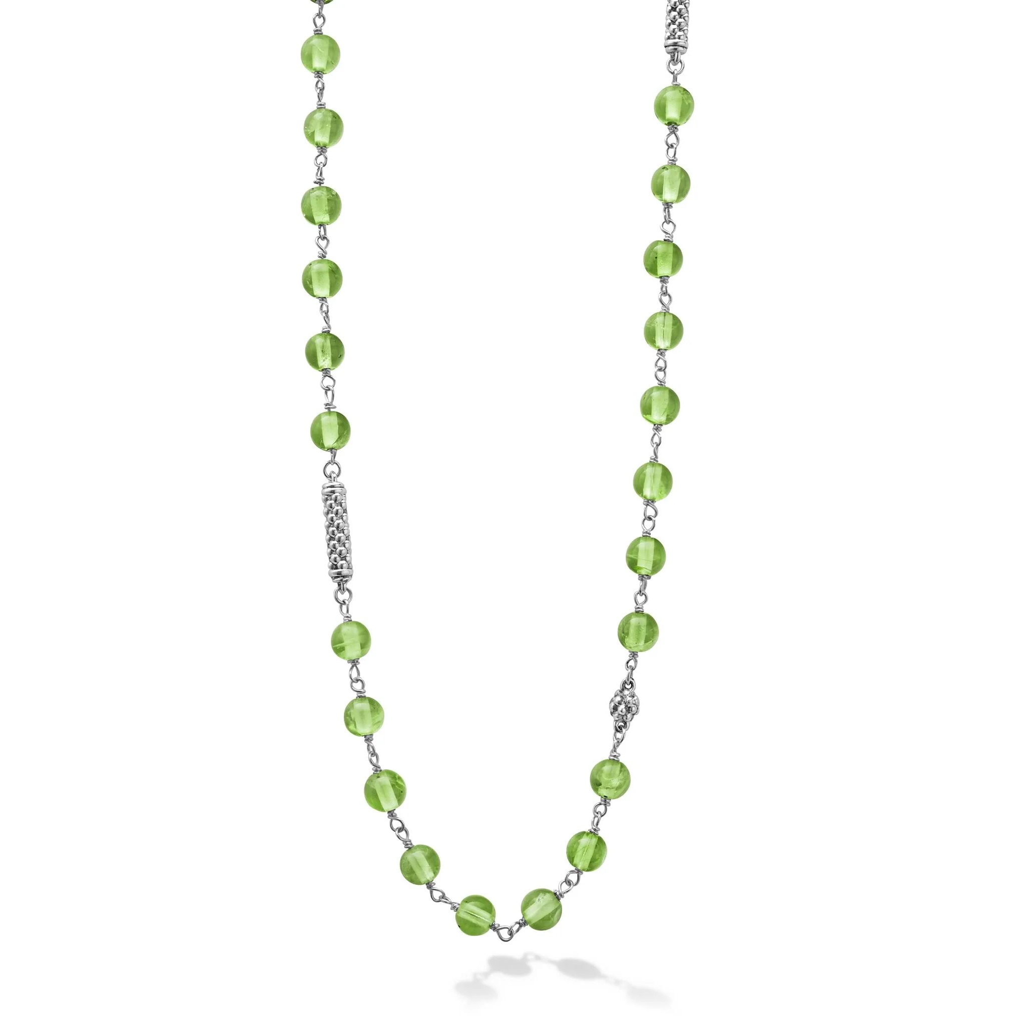 Lagos Sterling Silver Icon Necklace with 77 Smooth Peridot Beads 4mm Pigtail Link with Stations 34