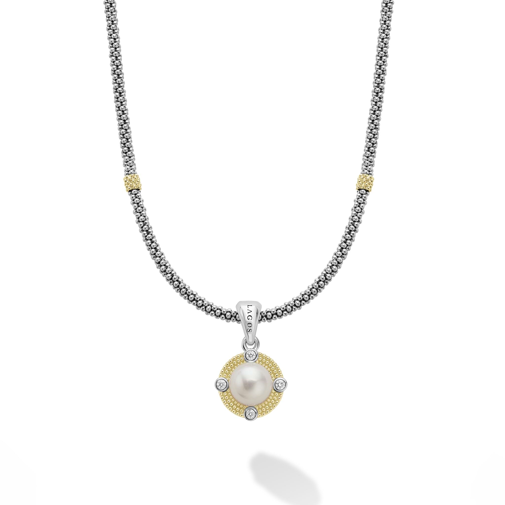 Lagos Sterling Silver and 18K Yellow Gold Pearl Diamond Caviar Pendant Necklace