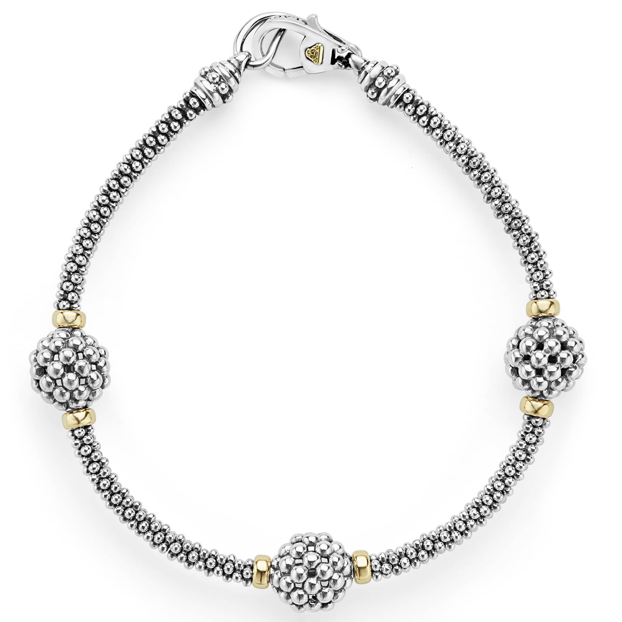 Lagos 18K Yellow Gold and Sterling Silver Signature Caviar Three Station Caviar Beaded 3mm Bracelet