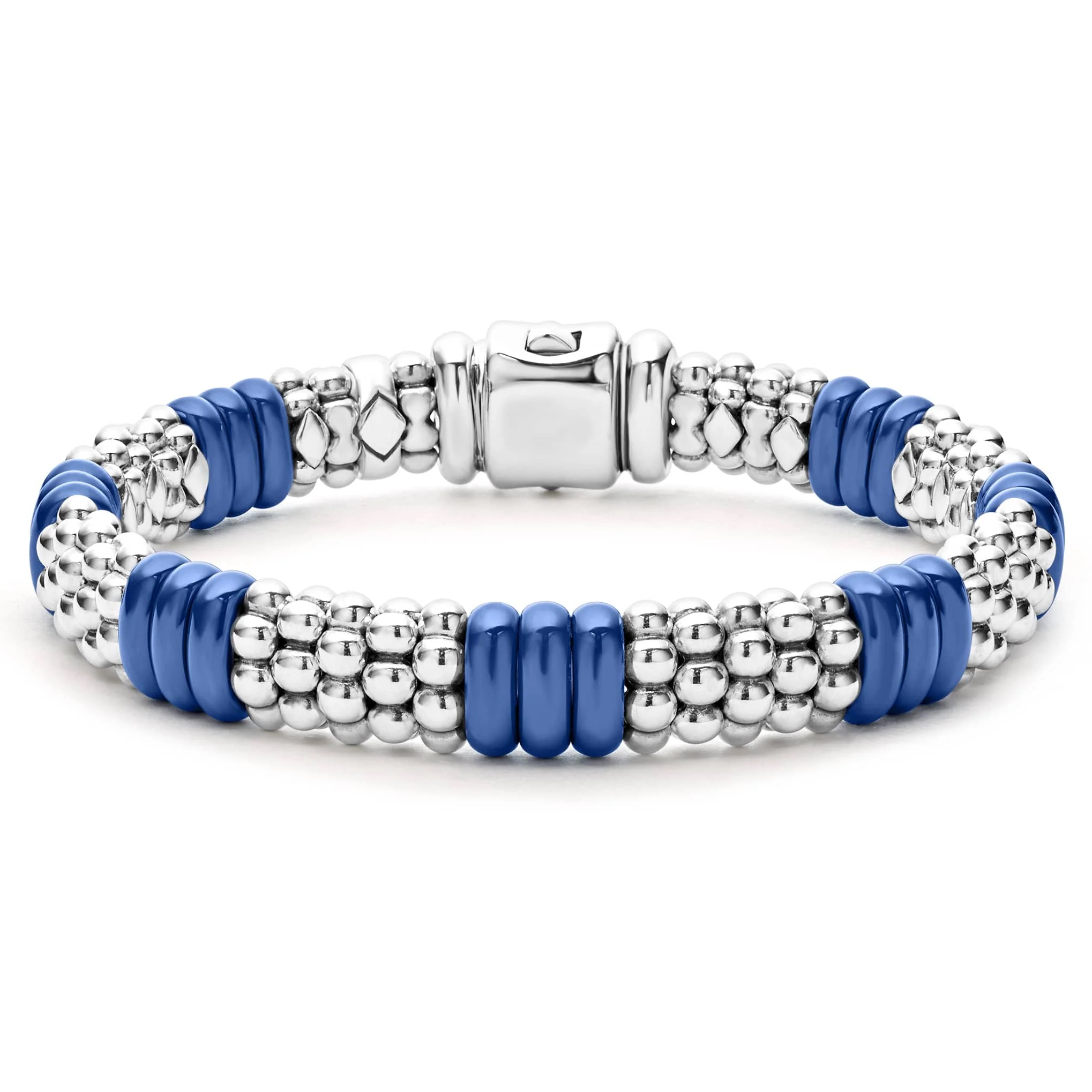 Lagos Sterling Silver & 18K Yellow Gold Blue Caviar Ceramic 7/3 Stations 9mm Rope Bracelet  Size 7