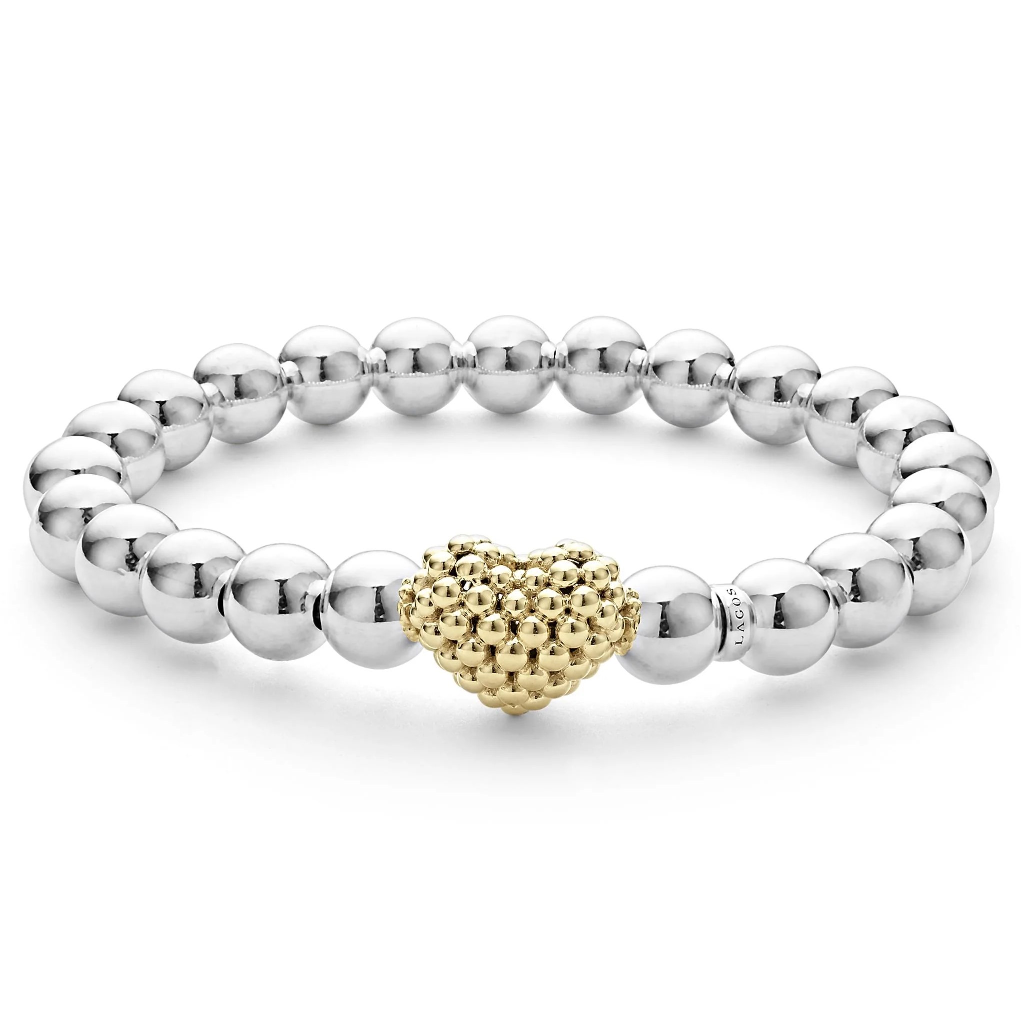 Lagos Sterling Silver & 18K Yellow Gold Signature Caviar Heart 8mm Ball Stretch Bracelet Size 7