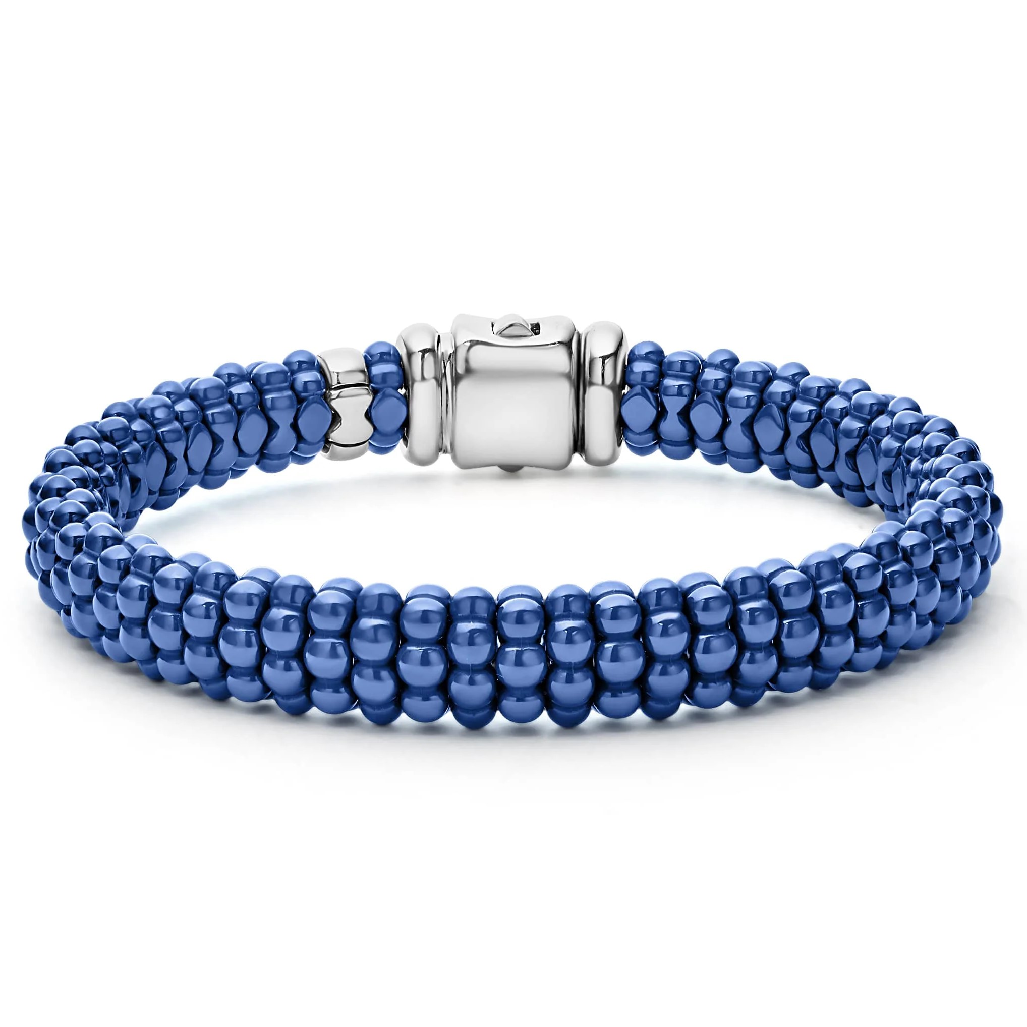 Lagos Sterling Silver Blue Marine Caviar  9mm Rope Bracelet Size 7