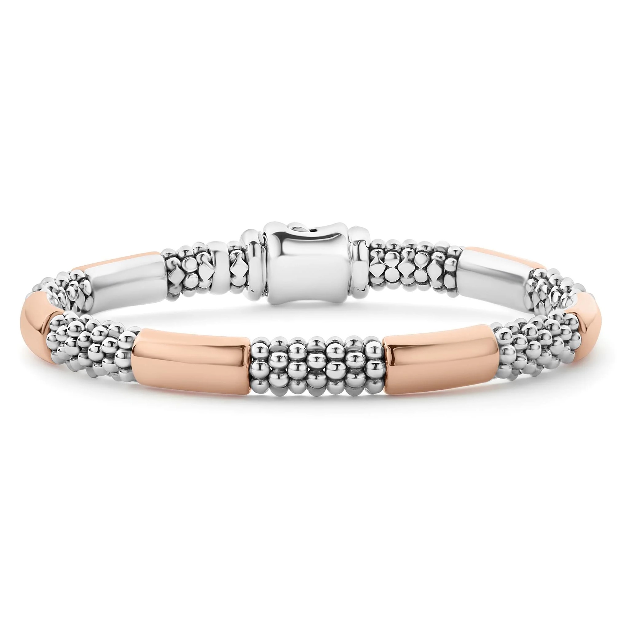 Lagos Stirling Silver & 18K Rose Gold High Bar 6 Smooth Stations 6MM Rope Bracelet - Size 7