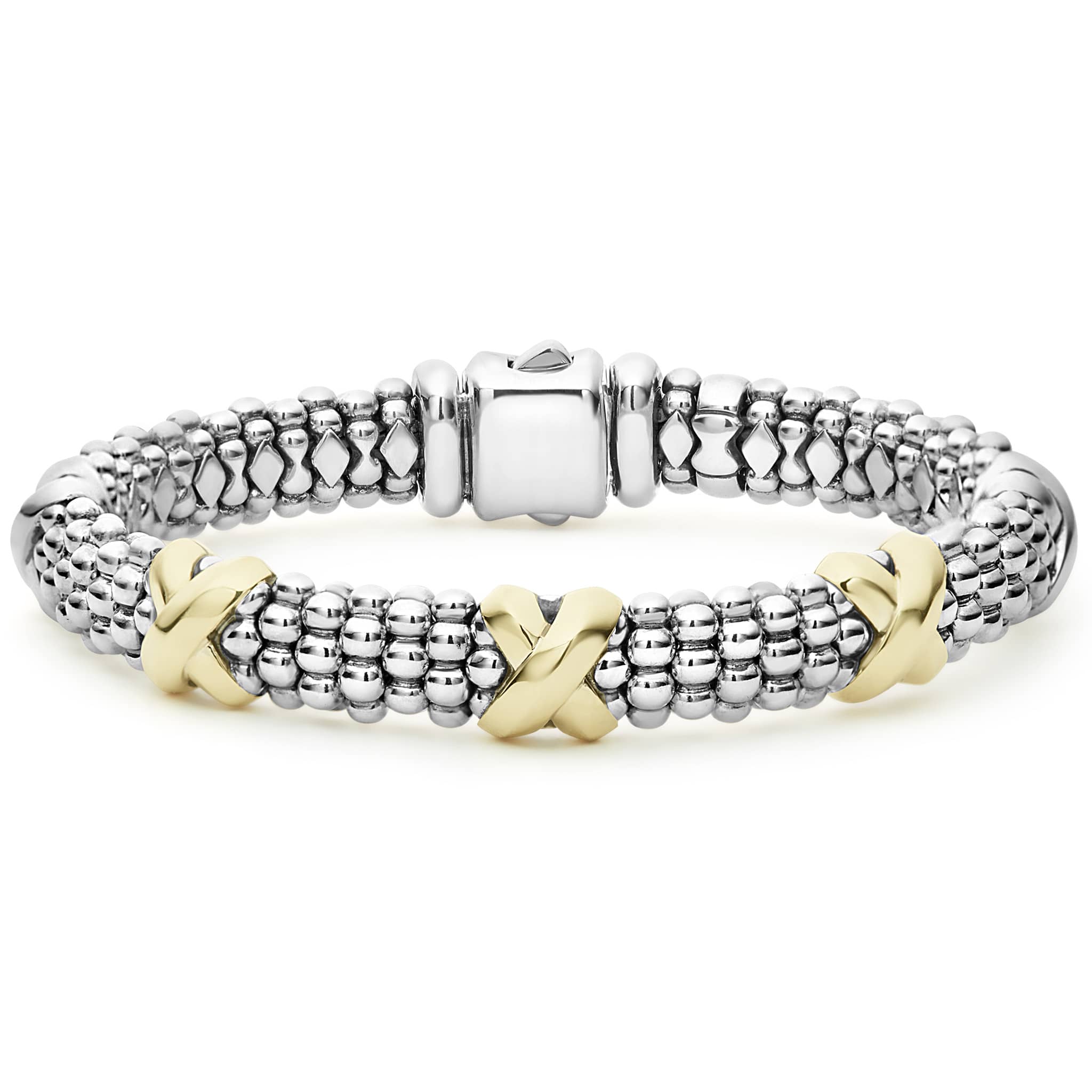 Lagos Sterling Silve & 18K Yellow Gold Signature Caviar triple X Station 9mm Rope Bracelet Size M