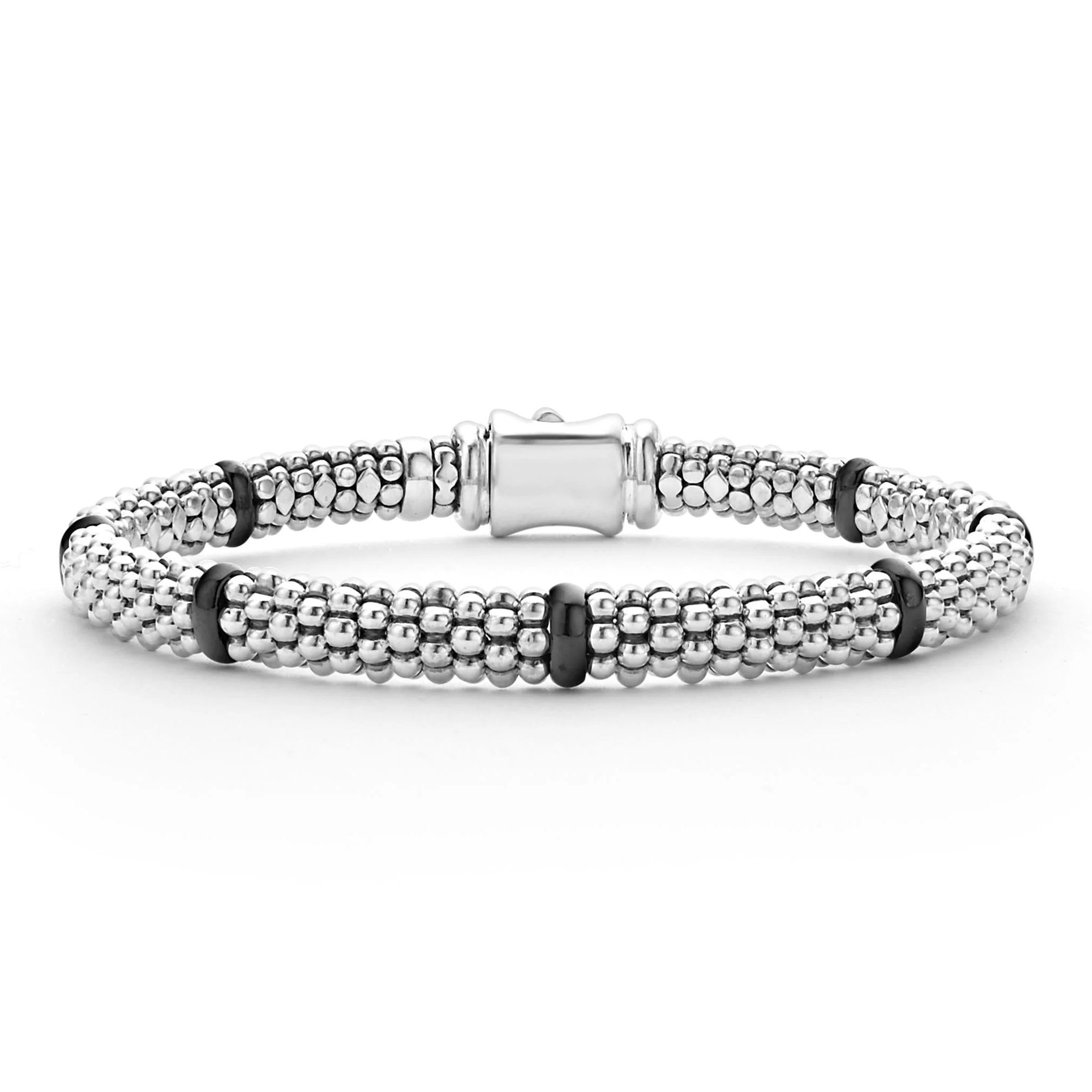 Lagos Sterling Silver Black Caviar Black Ceramic 7 Stations Reversible 6mm Rope Bracelet - Size 7