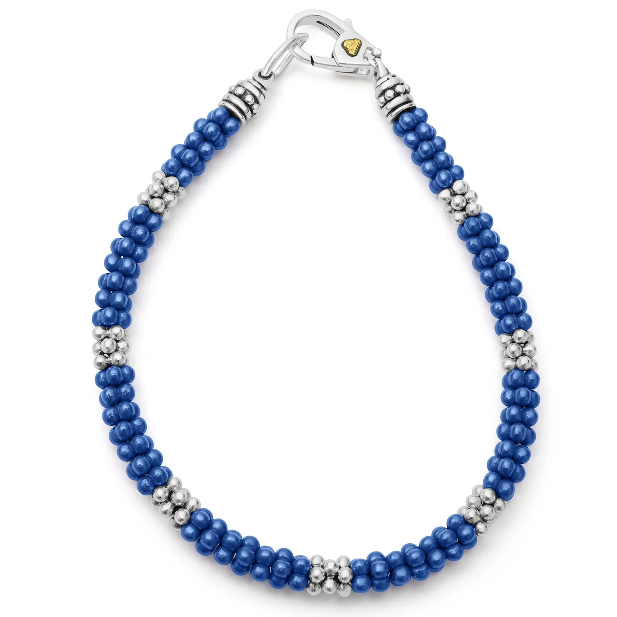 Lagos Sterling Silver & 18K Yellow Gold Marine Blue Caviar Ceramic 3/7 Stations 5mm Rope Bracelet  Size 7