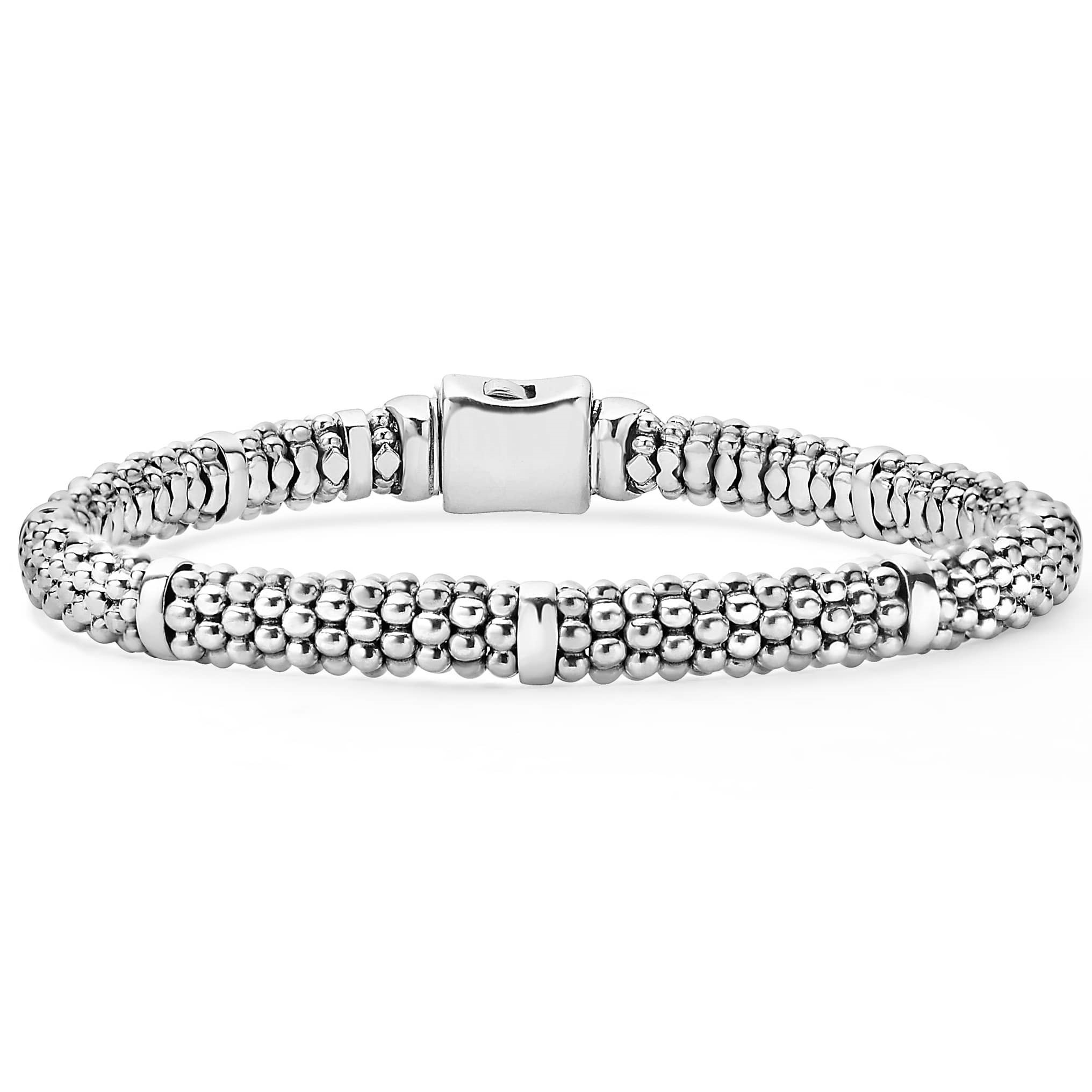 Lagos Sterling Silver Signature Caviar 7 Smooth Stations 6mm Rope Bracelet Size M