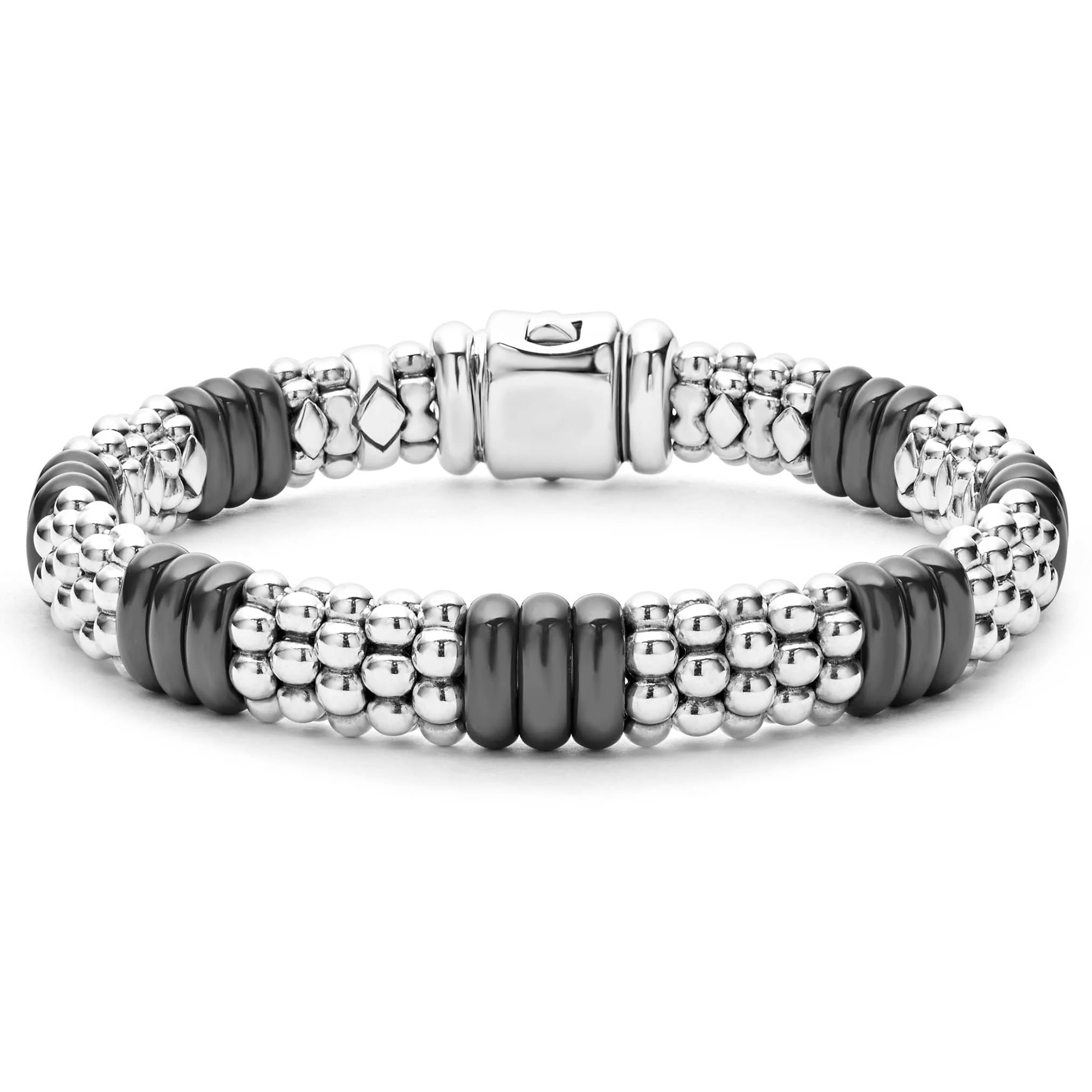 Lagos Sterling Silverand 18K Yellow Gold Black Ceramic Caviar Bracelet 9mm Size 7