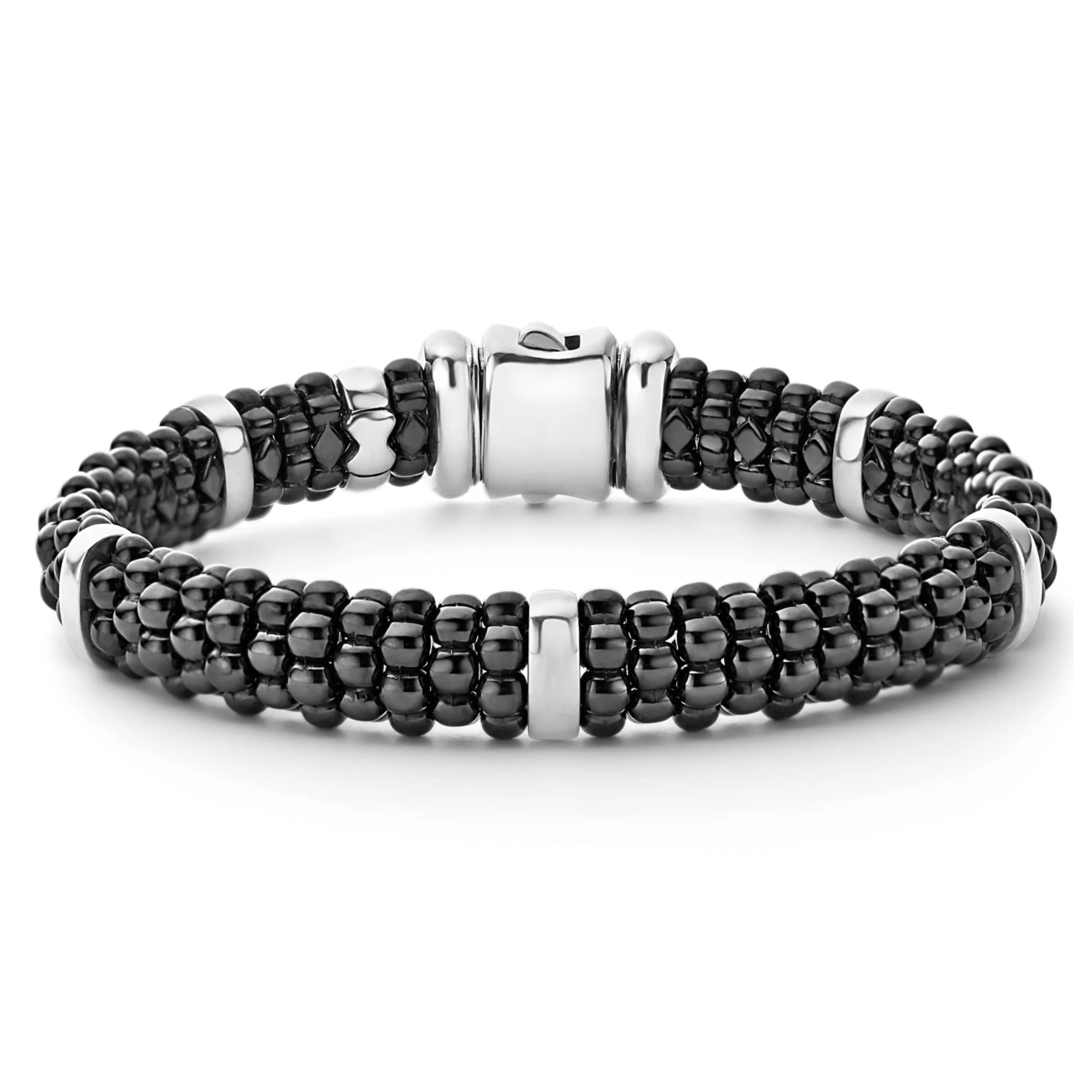 Lagos Sterling Silver and 18K Gold Black Ceramic 5 Silver Stations 9mm Bracelet