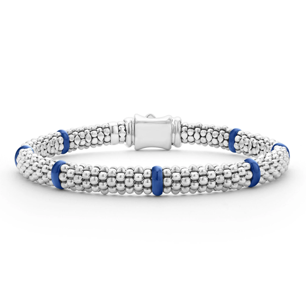 Lagos Sterling Silver Blue Caviar Marine Ceramic 7 Stations 6mm Rope Bracelet Size 7
