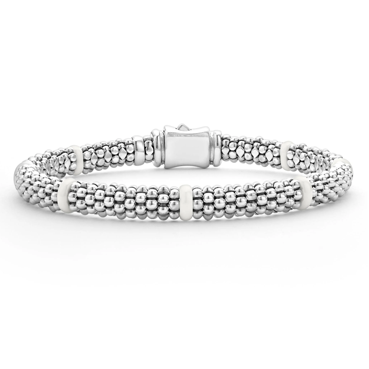 Sterling Silver White Caviar White Ceramic 7 Stations Reversible 6mm Rope Bracelet  Size 7