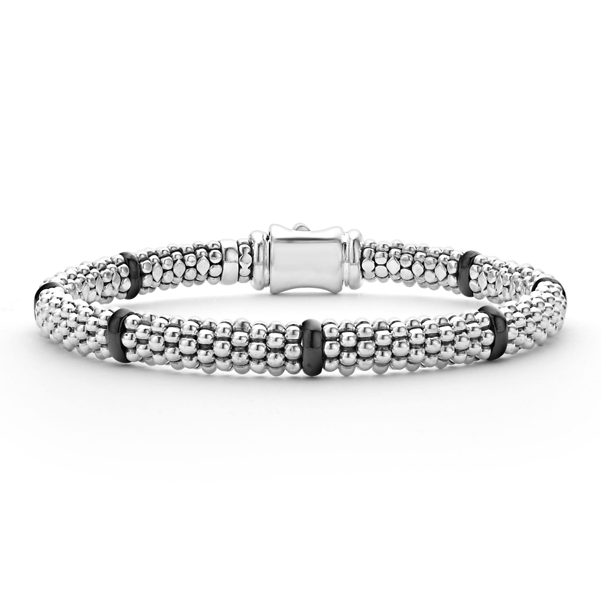 Lagos Sterling Silver Black Caviar Black Ceramic 7 Stations Reversible 6mm Rope Bracelet