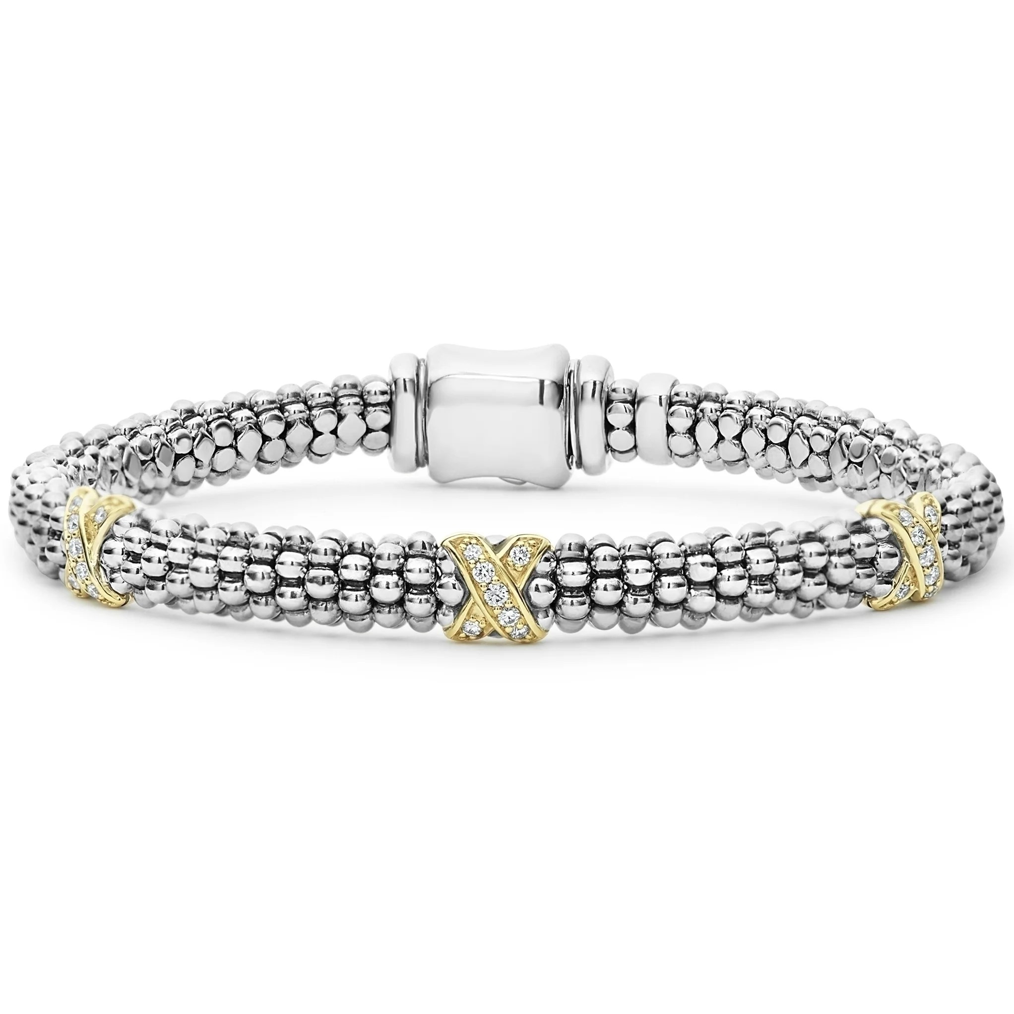 Lagos Sterling Silver & 18K Yellow Gold Caviar Lux Diamond Triple X 3 Station 6MM Rope Bracelet - Size M