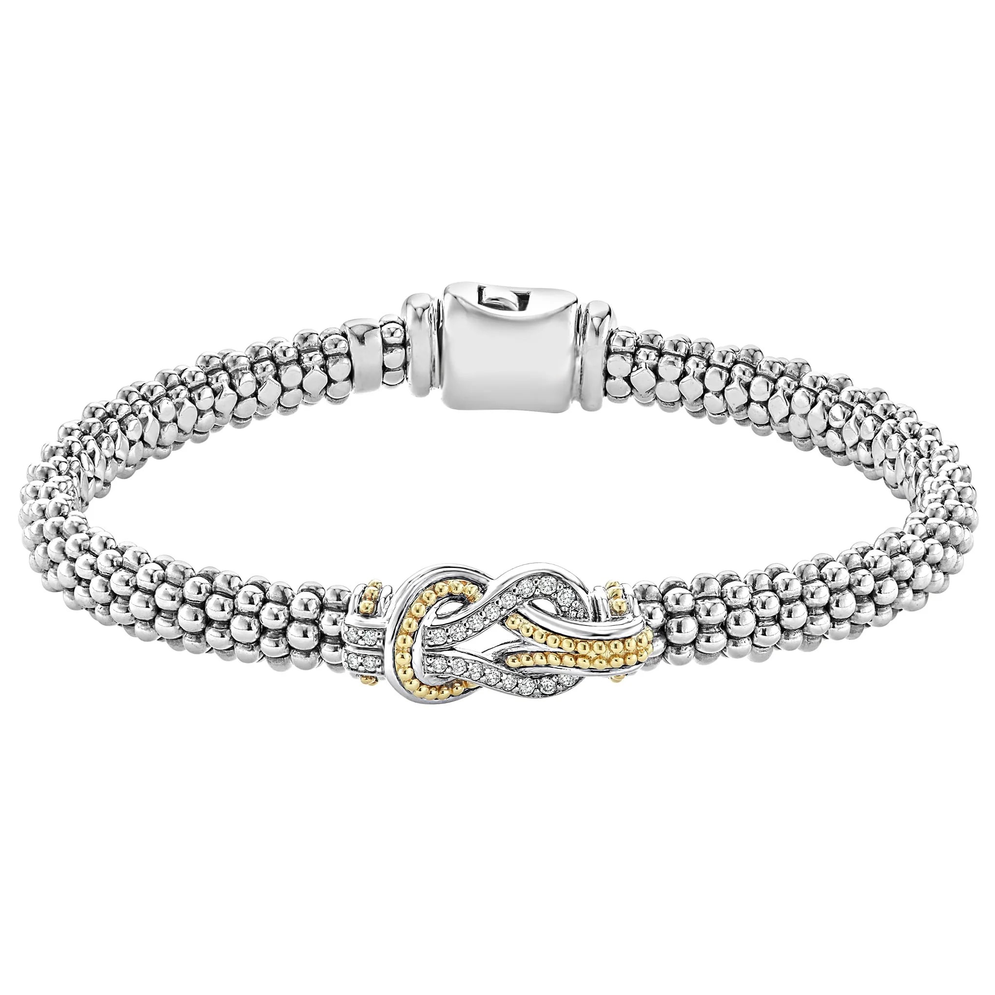 Lagos 18K Yellow Gold and Sterling Silver Newport Diamond Two Tone Knot Caviar 6mm Bracelet