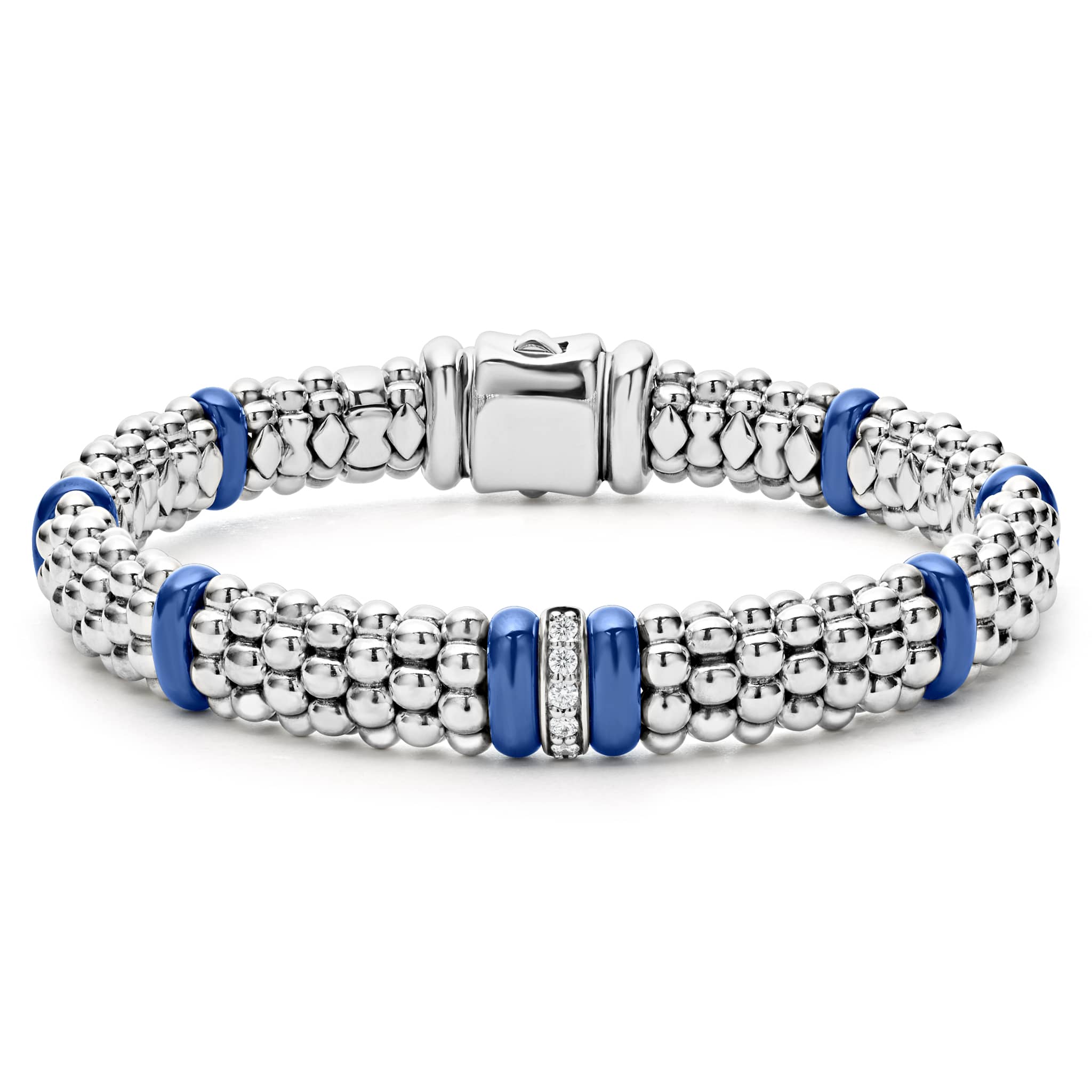 Lagos Sterling Silver Blue Marine Caviar 1 Diamond Link 9mm Rope Bracelet Size 7