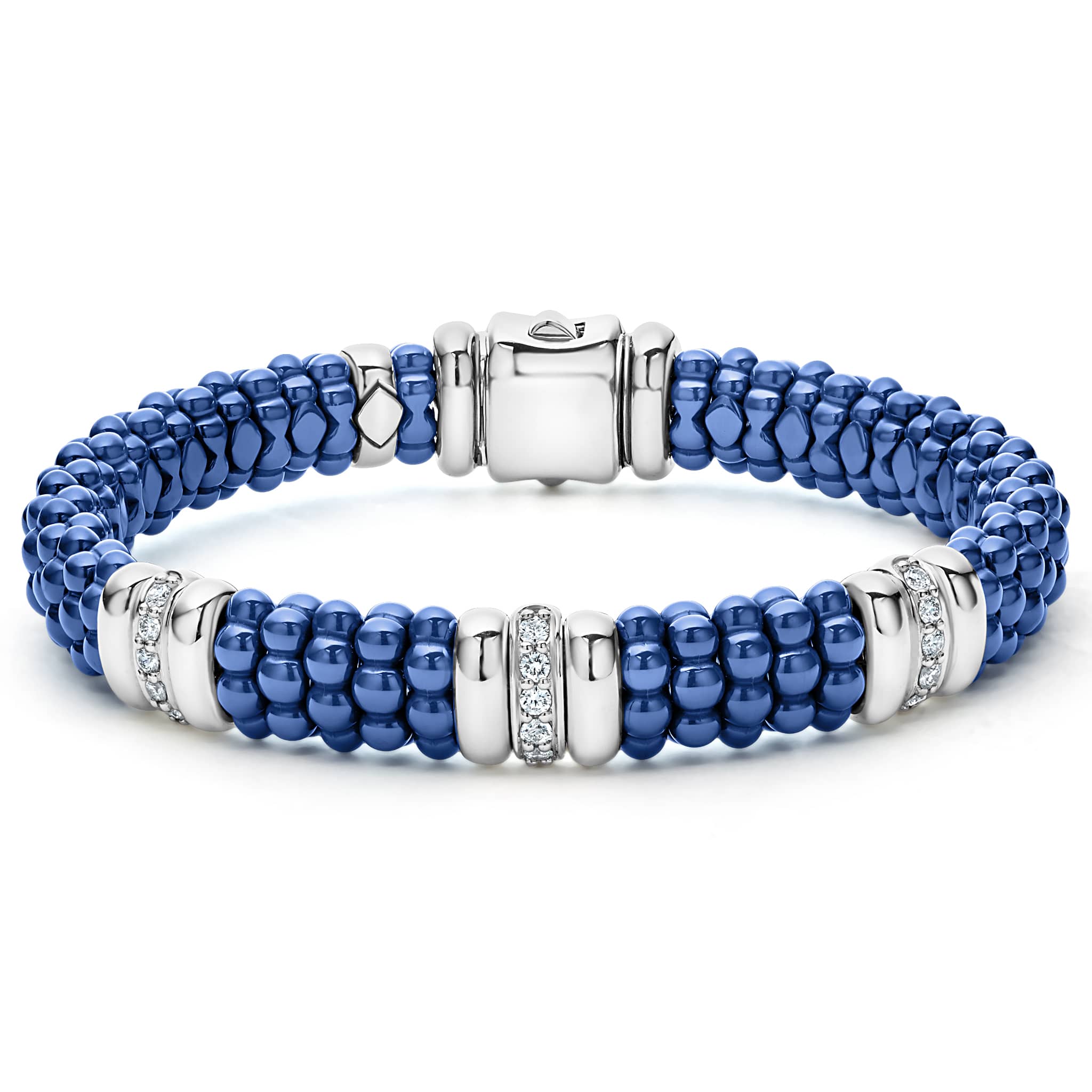 Lagos Sterling Silver & 18K Yellow Gold Marine Blue Caviar Ceramic Bracelet with 3 Diamond Stations Size 7