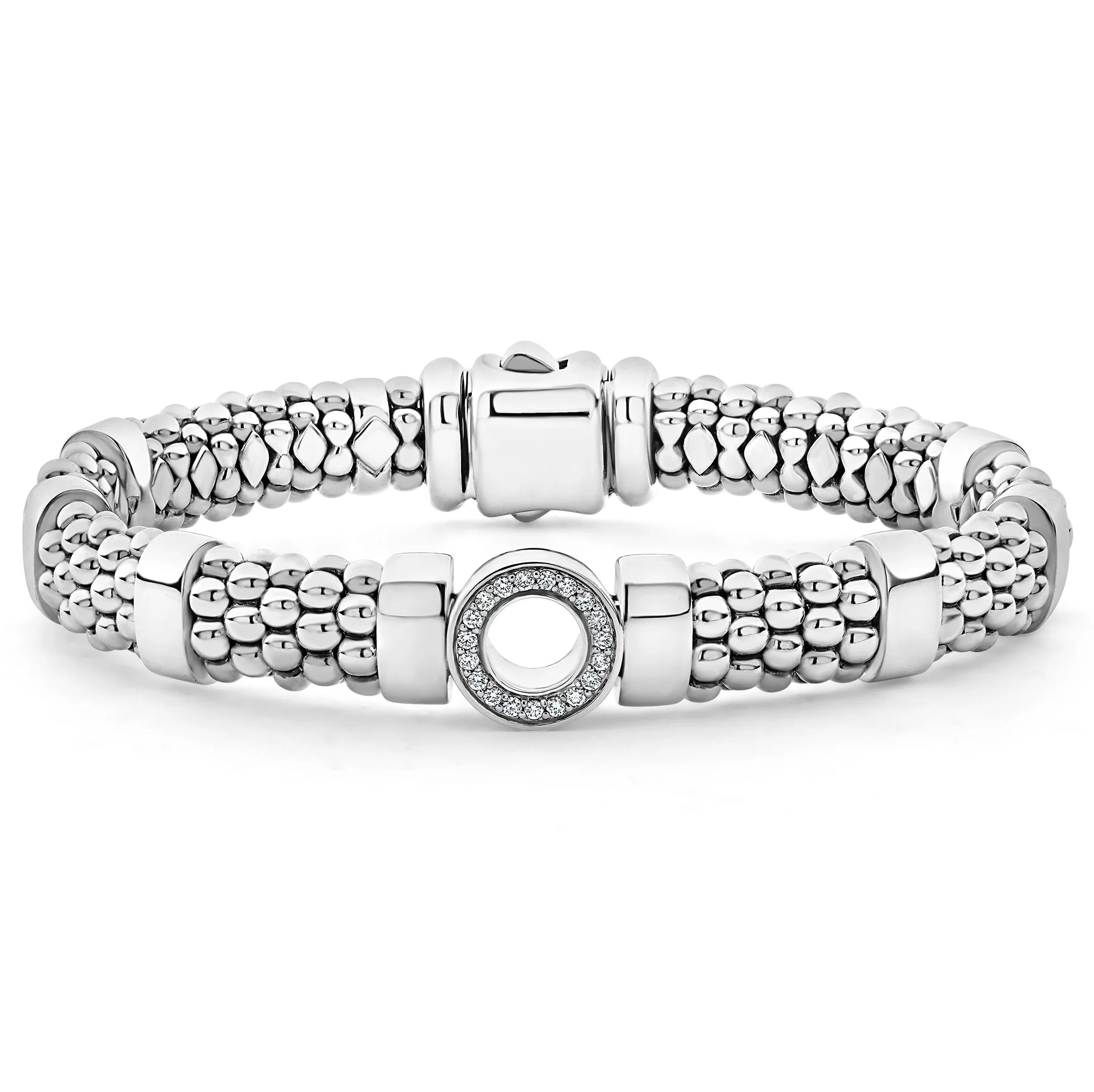 Lagos Sterling Silver Caviar Spark Diamond 11mm Circle Station 9mm Rope Bracelet