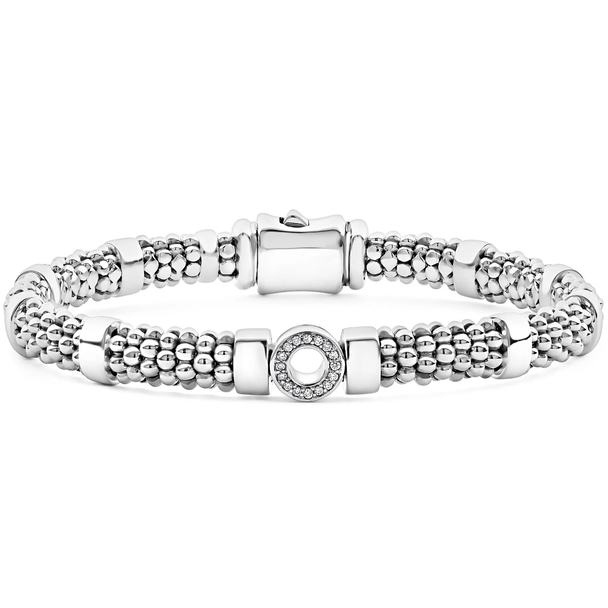 Lagos Sterling Silver Caviar Spark Diamond 7mm Pave Circle 1 Station 6mm Rope Bracelet