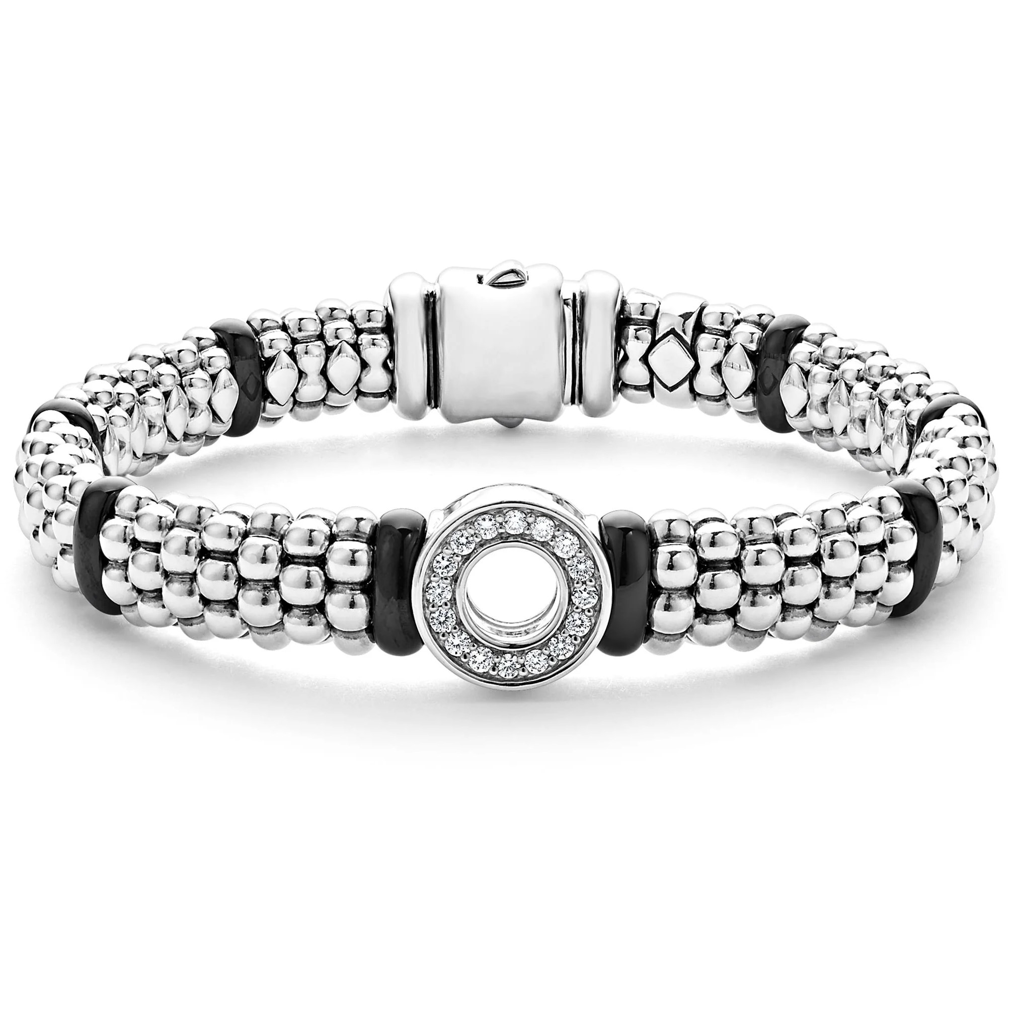 Lagos Sterling Silver Black Caviar Black Ceramic 11MM Diamond Circle 9MM Rope Bracelet
