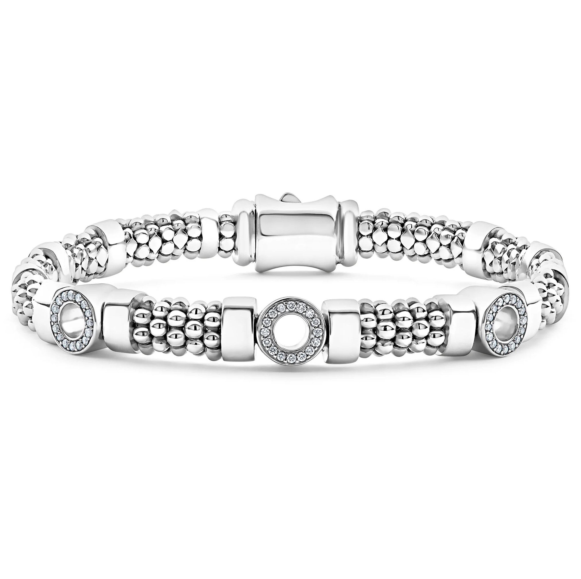 Lagos Sterling Silver Three Station Diamond Circle Caviar Bracelet