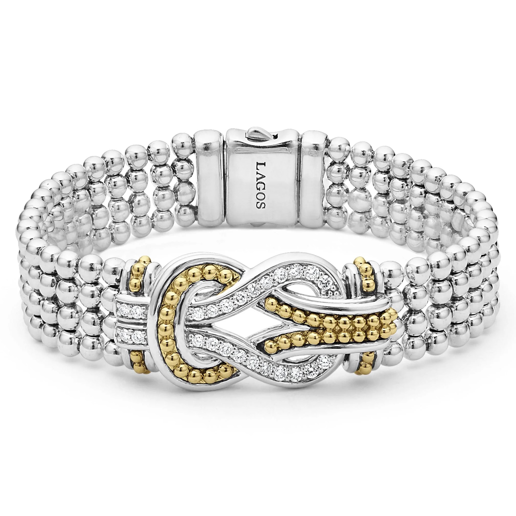 Lagos Sterling Silver & 18K Yellow Gold Newport 15mm Flat Link Bracelet with Round Diamonds 0.61 Tcw G-H SI Size M
