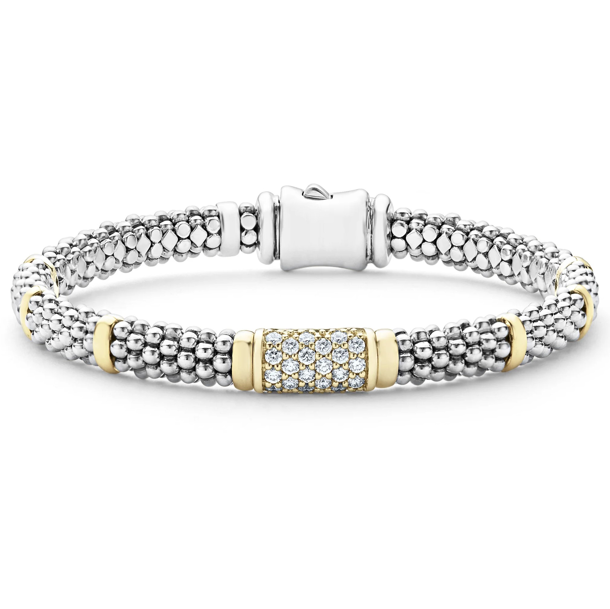 Lagos Sterling Silver & 18K Yellow Gold Signature Caviar Diamond with Gold Stations 6mm Rope Bracelet Size 7