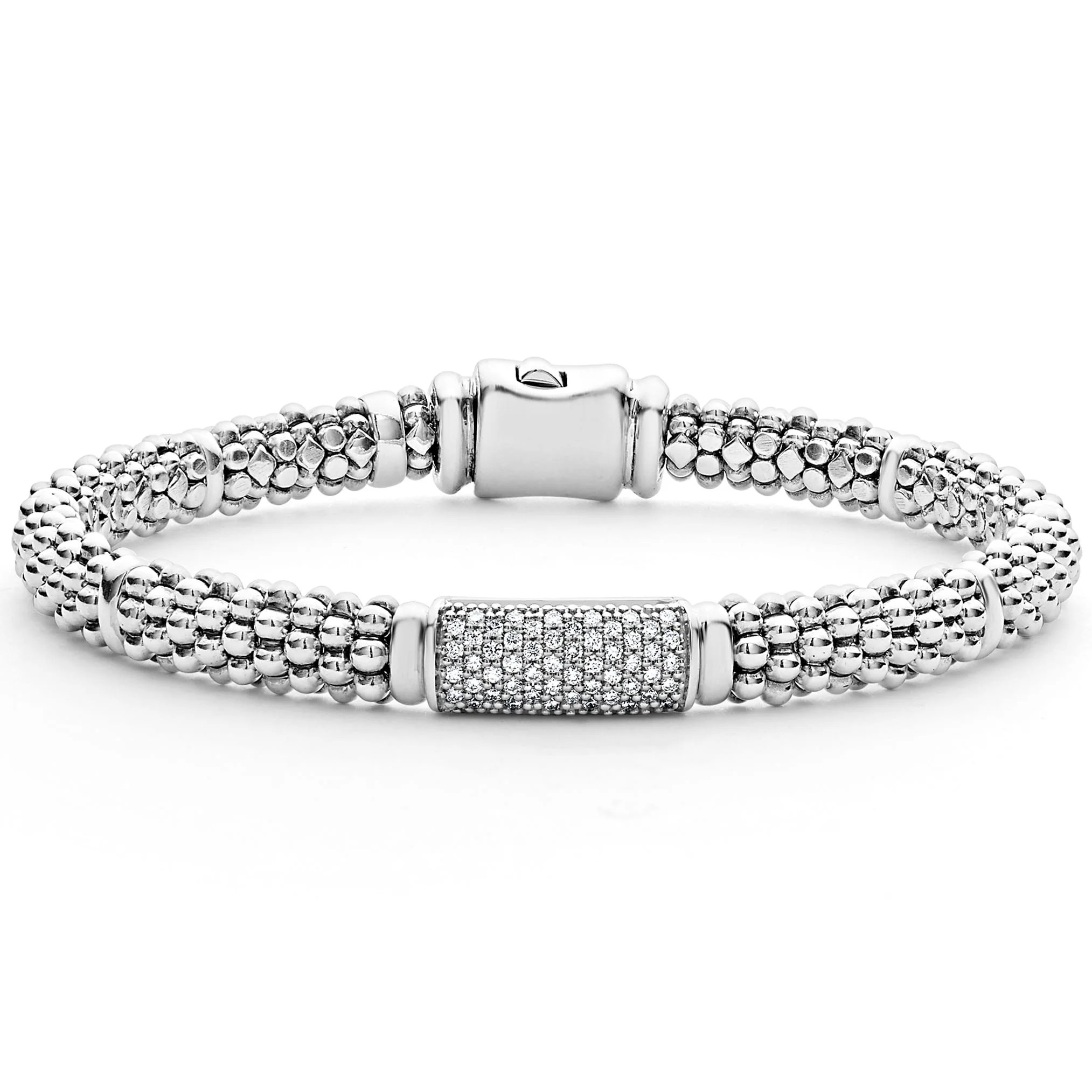 Lagos Sterling Silver Signature Caviar Diamond 15mm Pave Station 6mm Rope Bracelet Size M