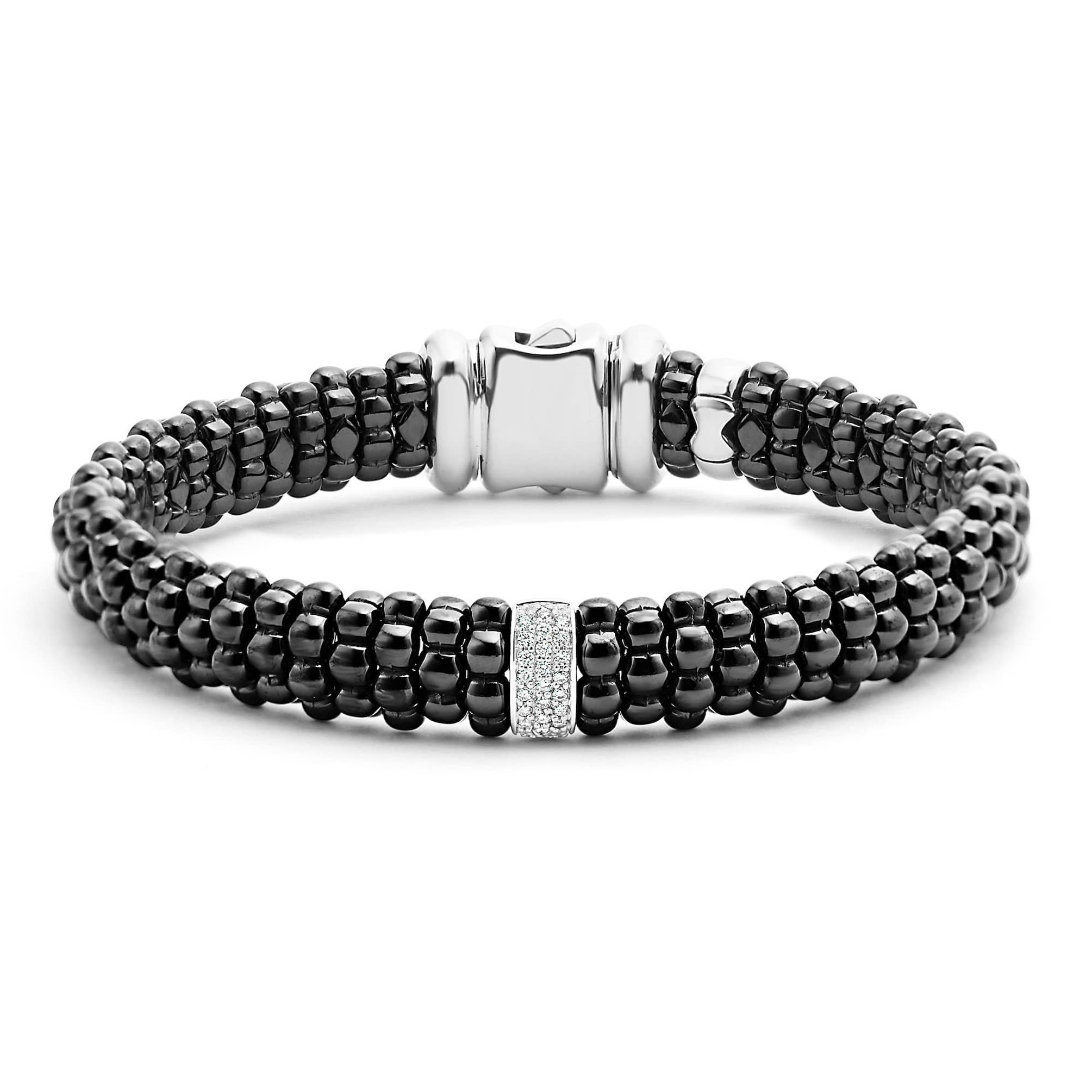 Lagos Sterling Silver Black Caviar Single Station Diamond Ceramic Caviar 9mm Bracelet