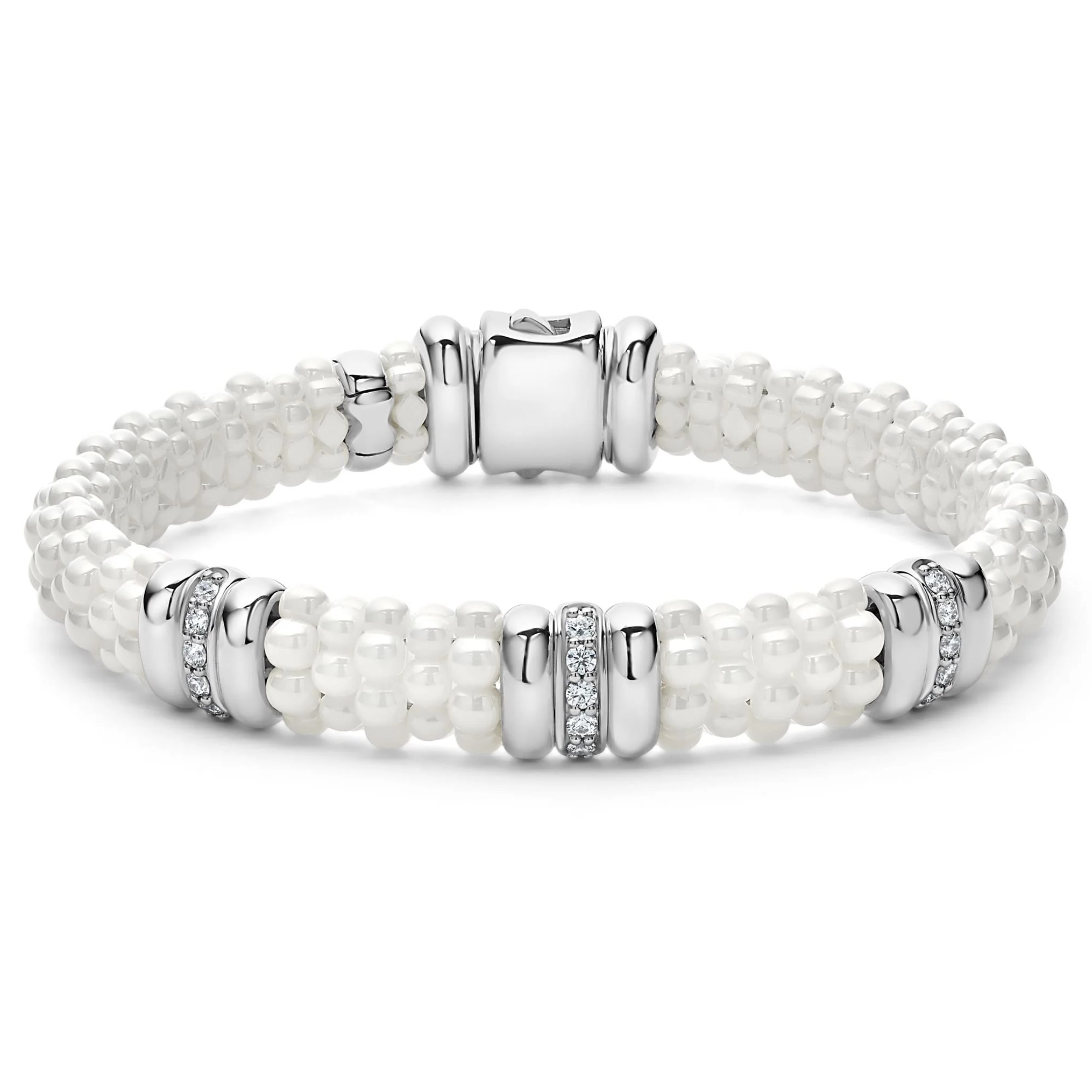 Sterling Silver & 18K Yellow Gold White Caviar White Ceramic 3 Station with 1 Diamond Row 9mm Rope Bracelet with 15 Round Diamonds 0.30 Tcw G-H SI