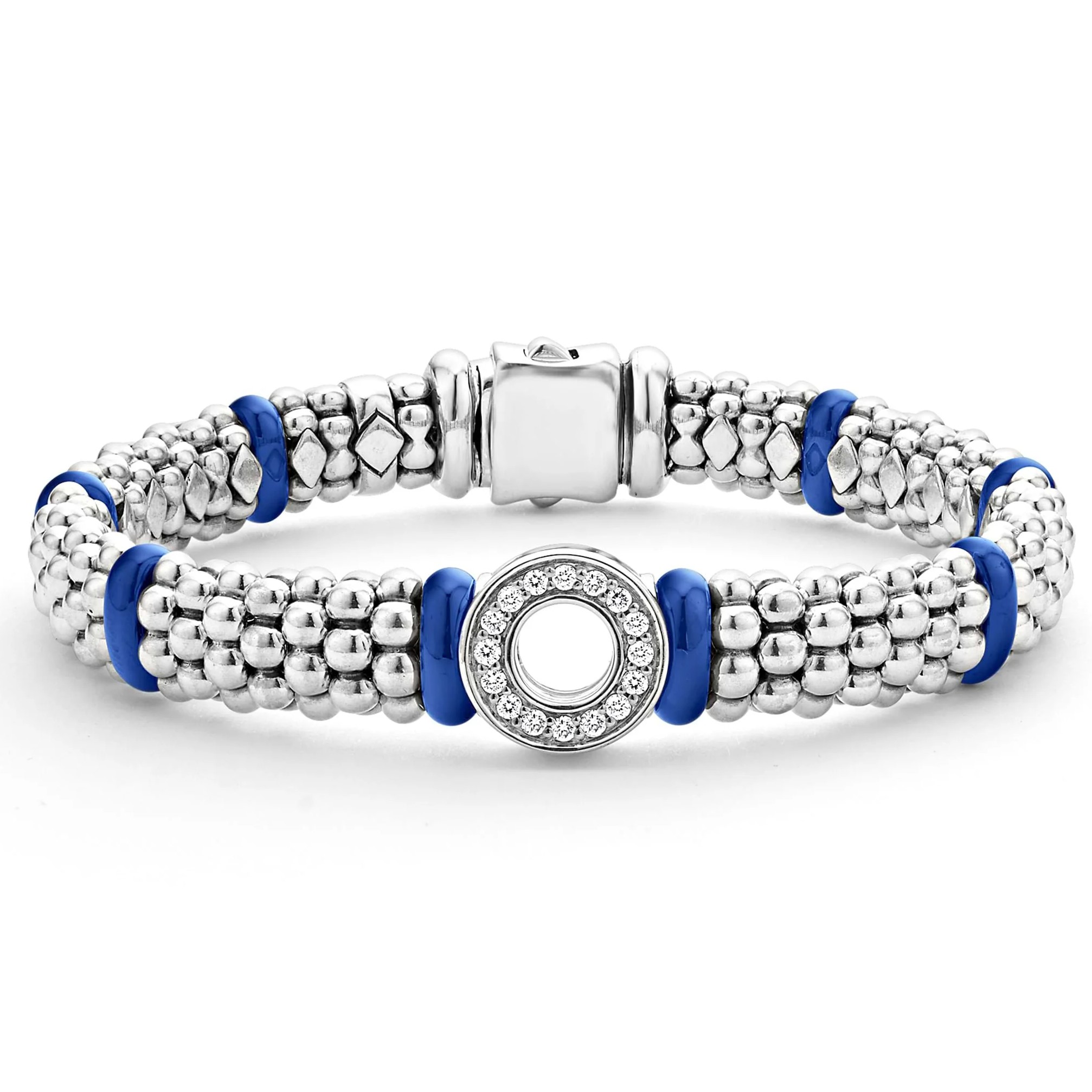 Lagos Sterling Silver Blue Caviar Blue Marine Ceramic 11mm Diamond Circle 9mm Rope Bracelet with Round Diamonds 0.24 Tcw G-H SI