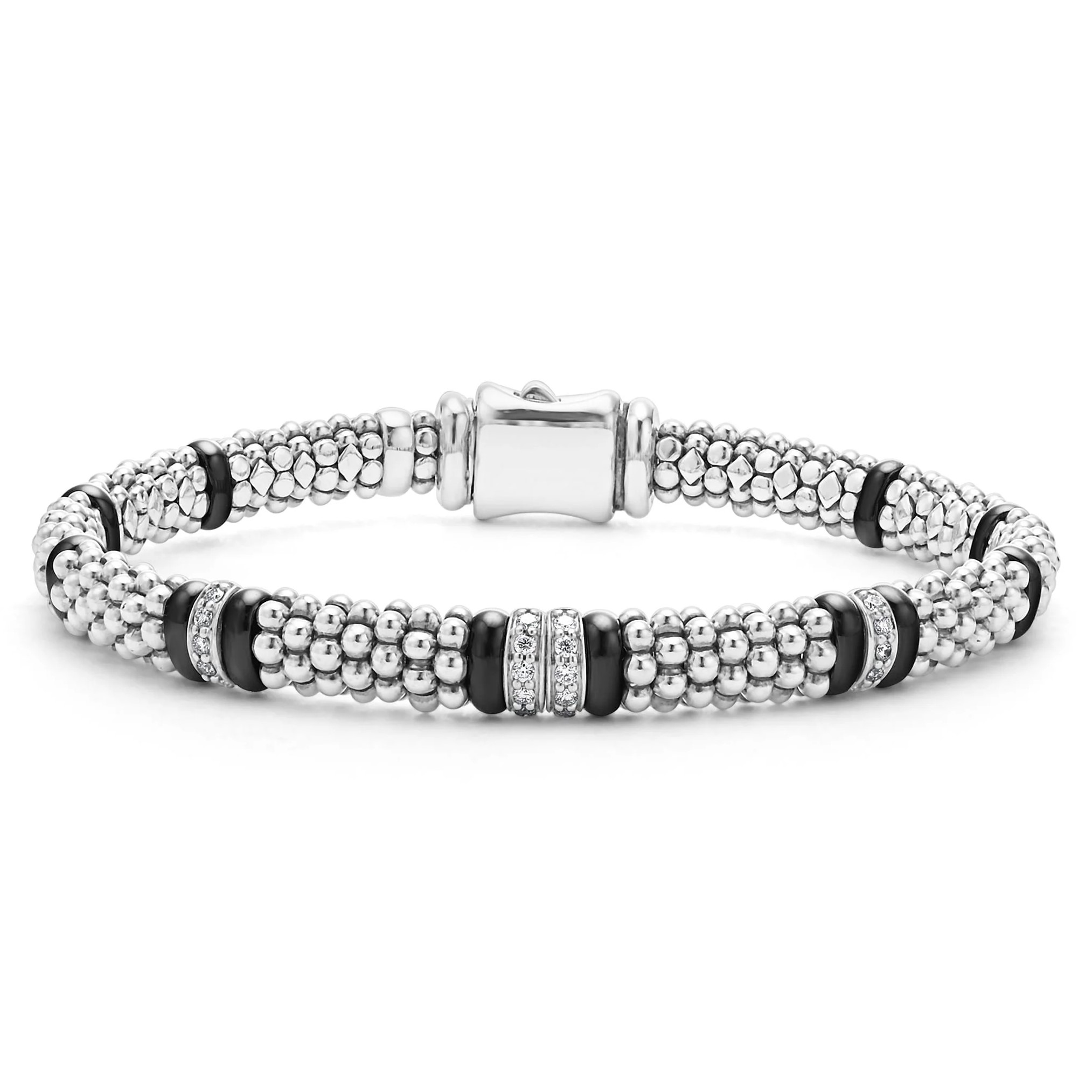 Lagos Sterling Silver Black Caviar Black Ceramic Diamond 4 Link Reversible 6mm Rope Bracelet with 20 Round Diamonds G-H SI