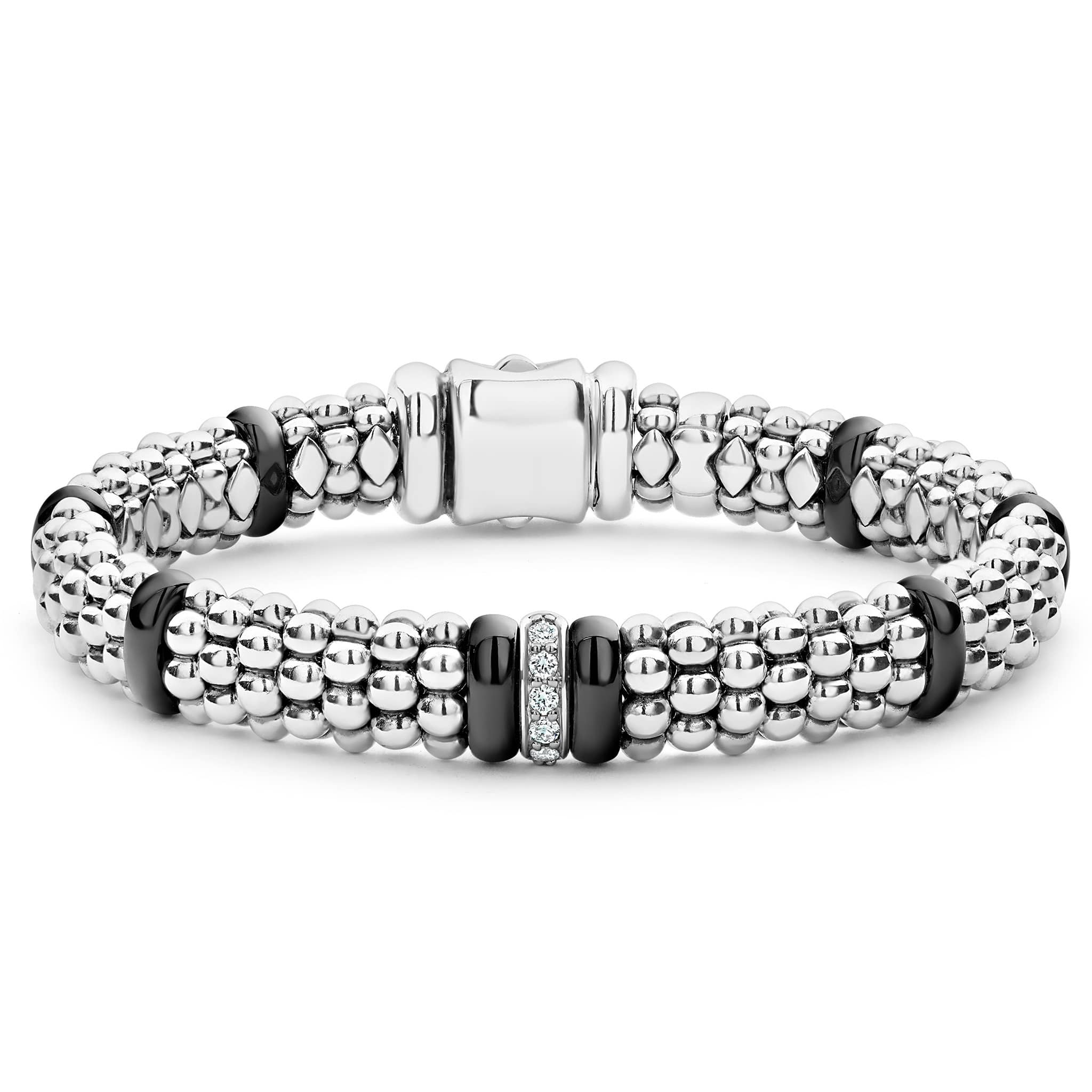 Lagos S/S Black Caviar Black Ceramic 1 Diamond Link Smooth 9MM Rope Bracelet