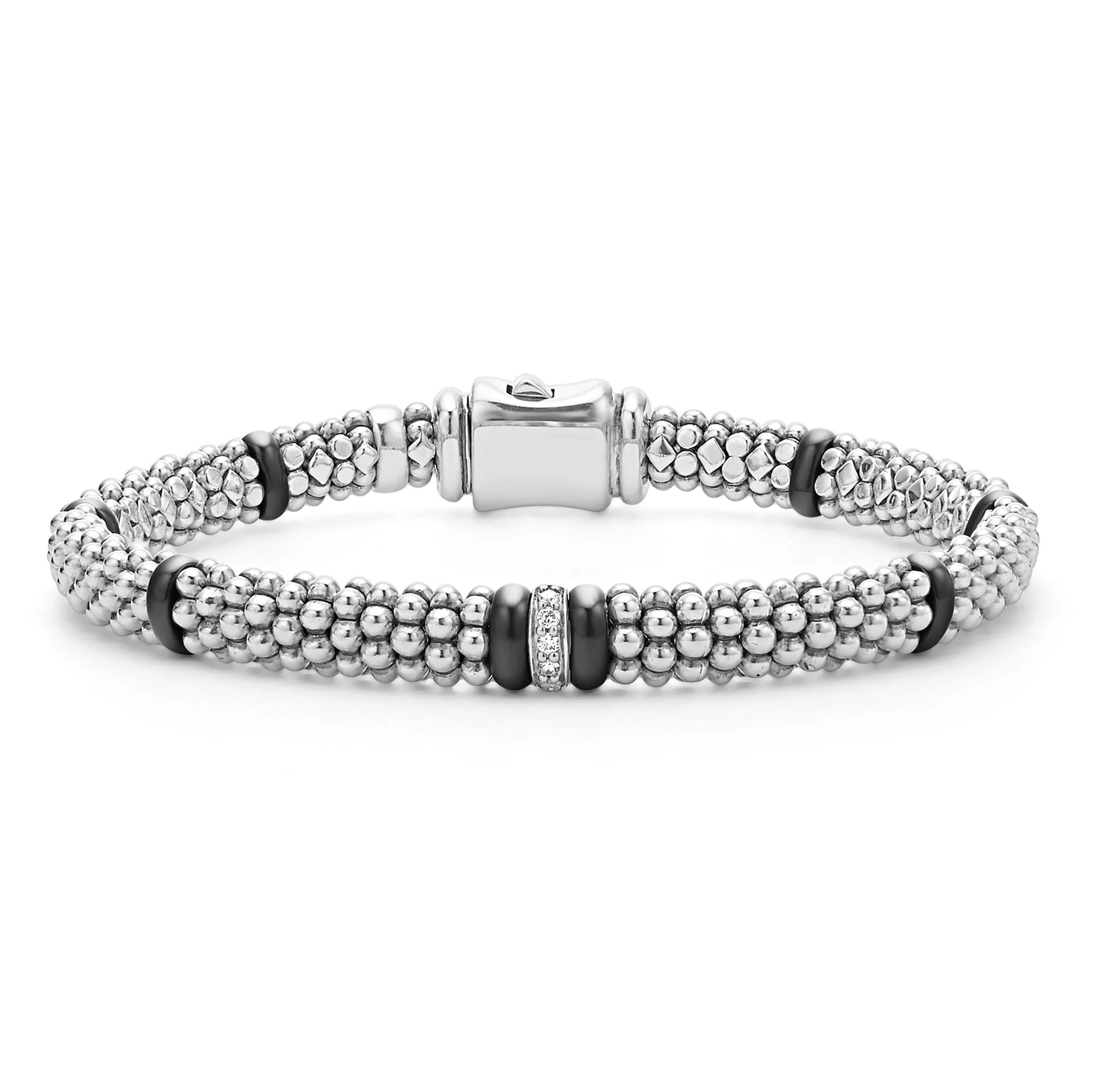 Lagos Sterling SIlver Black Caviar Black Ceramic Diamond 1 Link Reversible 6mm Rope Bracelet with 5 Round Diamonds 0.05 Tcw G-H SI