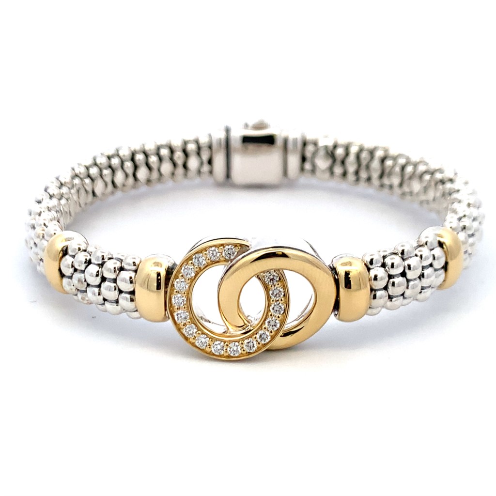 Lagos Sterling Silver and 18K Yellow Gold Two Tone Interlocking Diamond Caviar Bracelet 6mm Size 7