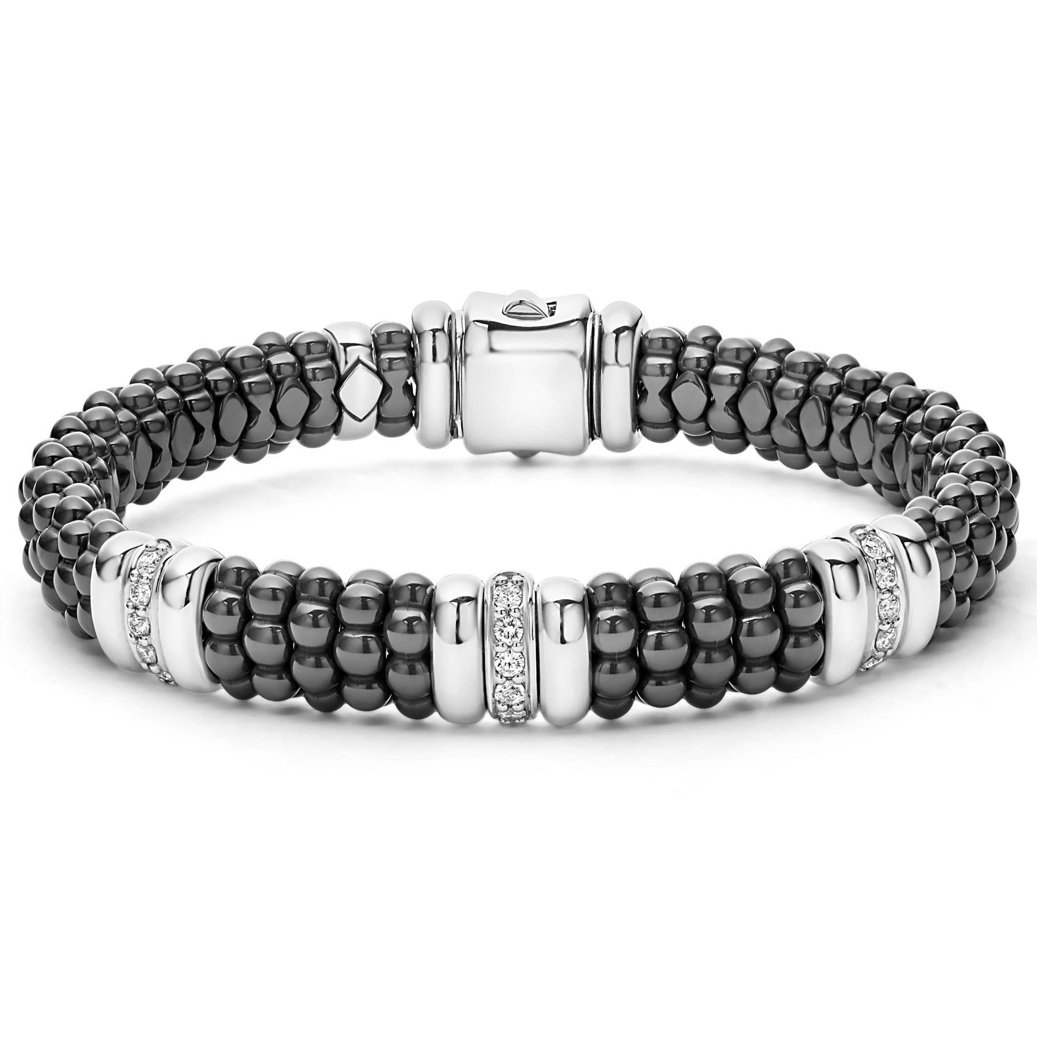Lagos Sterling Silver and 18K Yellow Gold Black Ceramic Caviar Bracelet 9mm Size 7