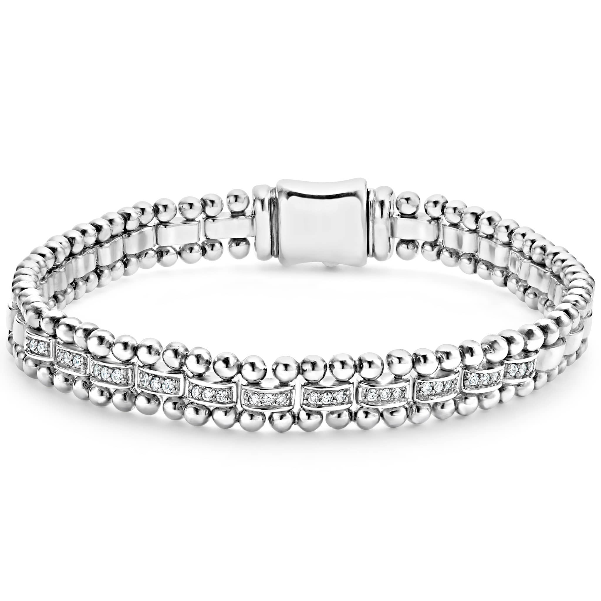 Lagos Sterling Silver Caviar Spark Diamond 11 Stations 7mm Link Bracelet