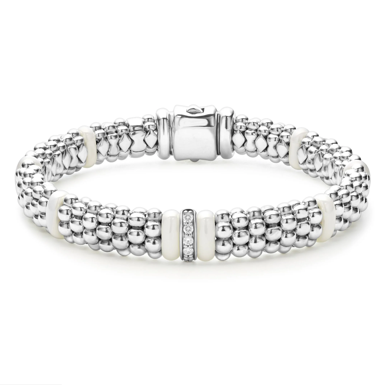 Lagos Sterling Silver & 18K Yellow Gold White Caviar White Ceramic 1 Diamond Link 9mm Rope Bracelet