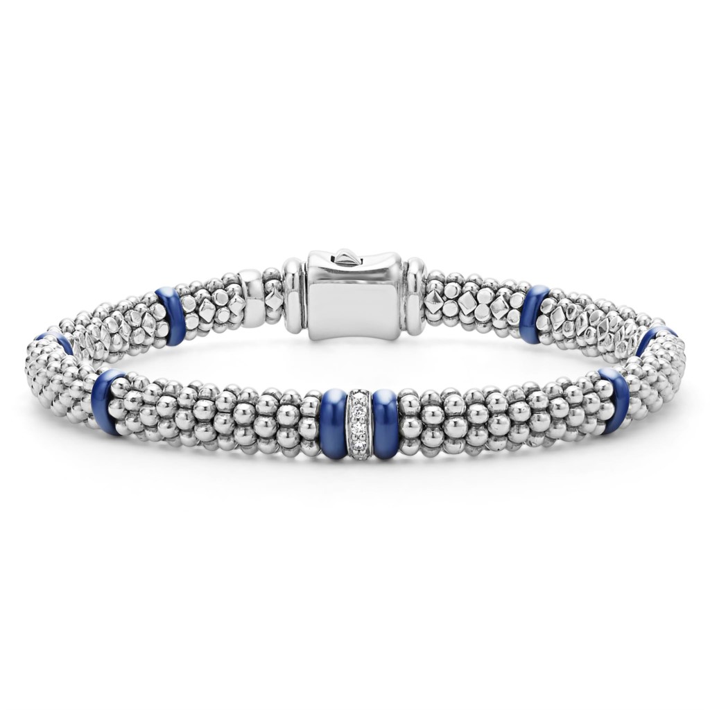 Lagos Sterling Silver Blue Caviar Marine Ceramic Diamond 1 Link Reversible 6mm Rope Bracelet
