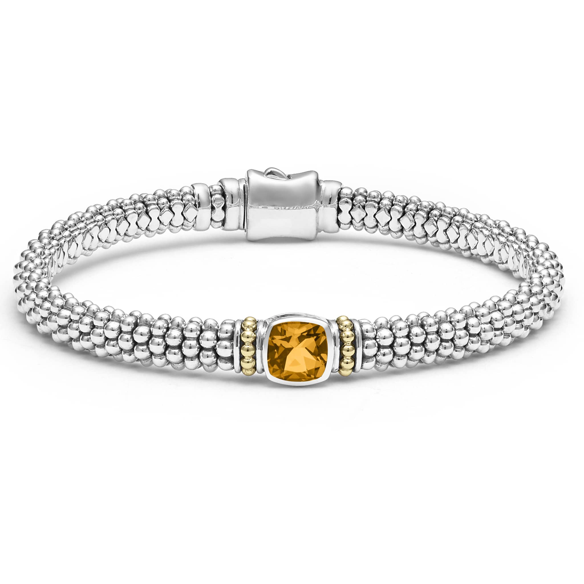 Lagos Sterlilng Silver & 18K Yellow Gold Caviar Citrine 6X6 Cushion 6mm Rope Bracelet Size 7