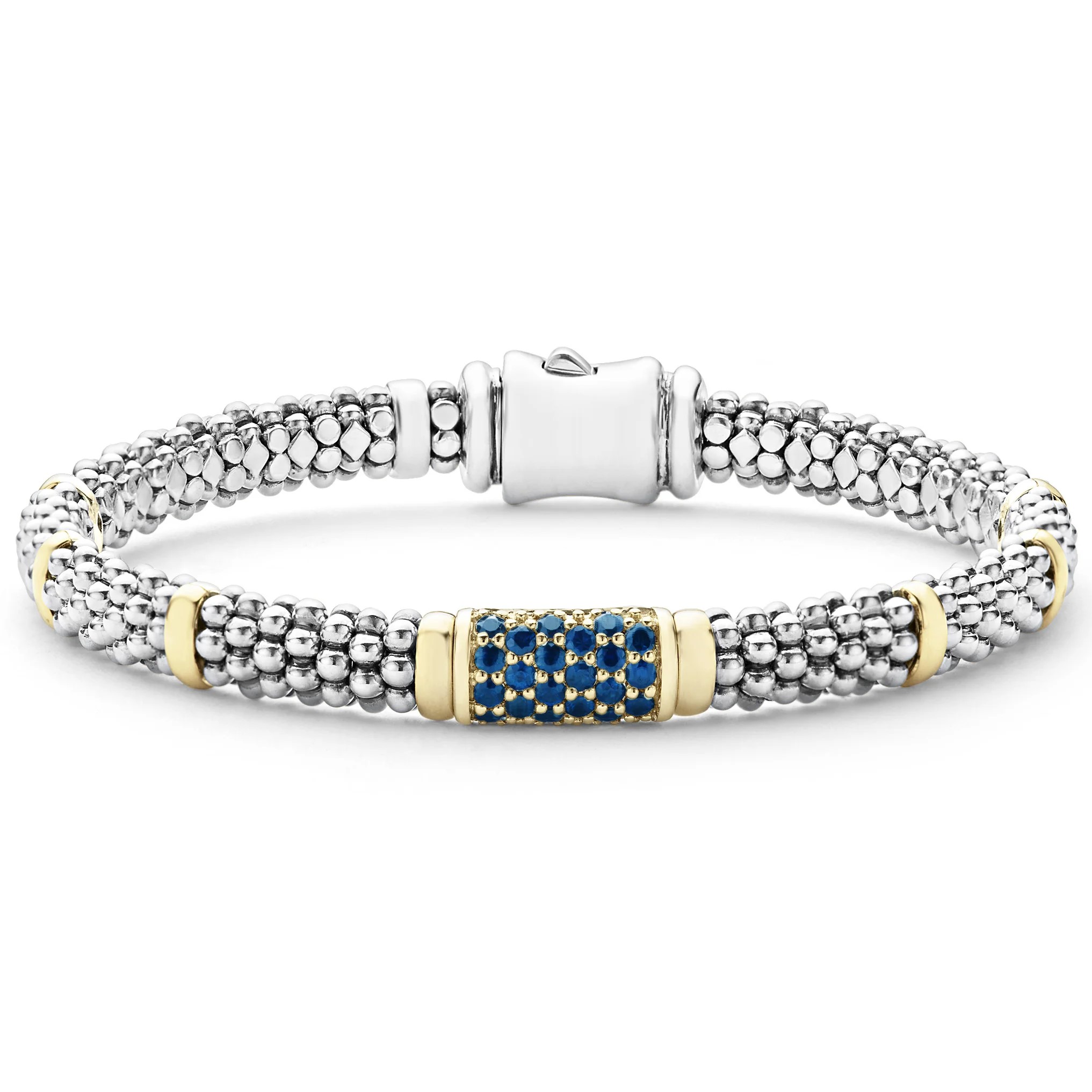 Lagos Sterling Silver & 18K Yellow Gold Signature Caviar Blue Sapphire with Gold Stations 6mm Rope Bracelet Size7