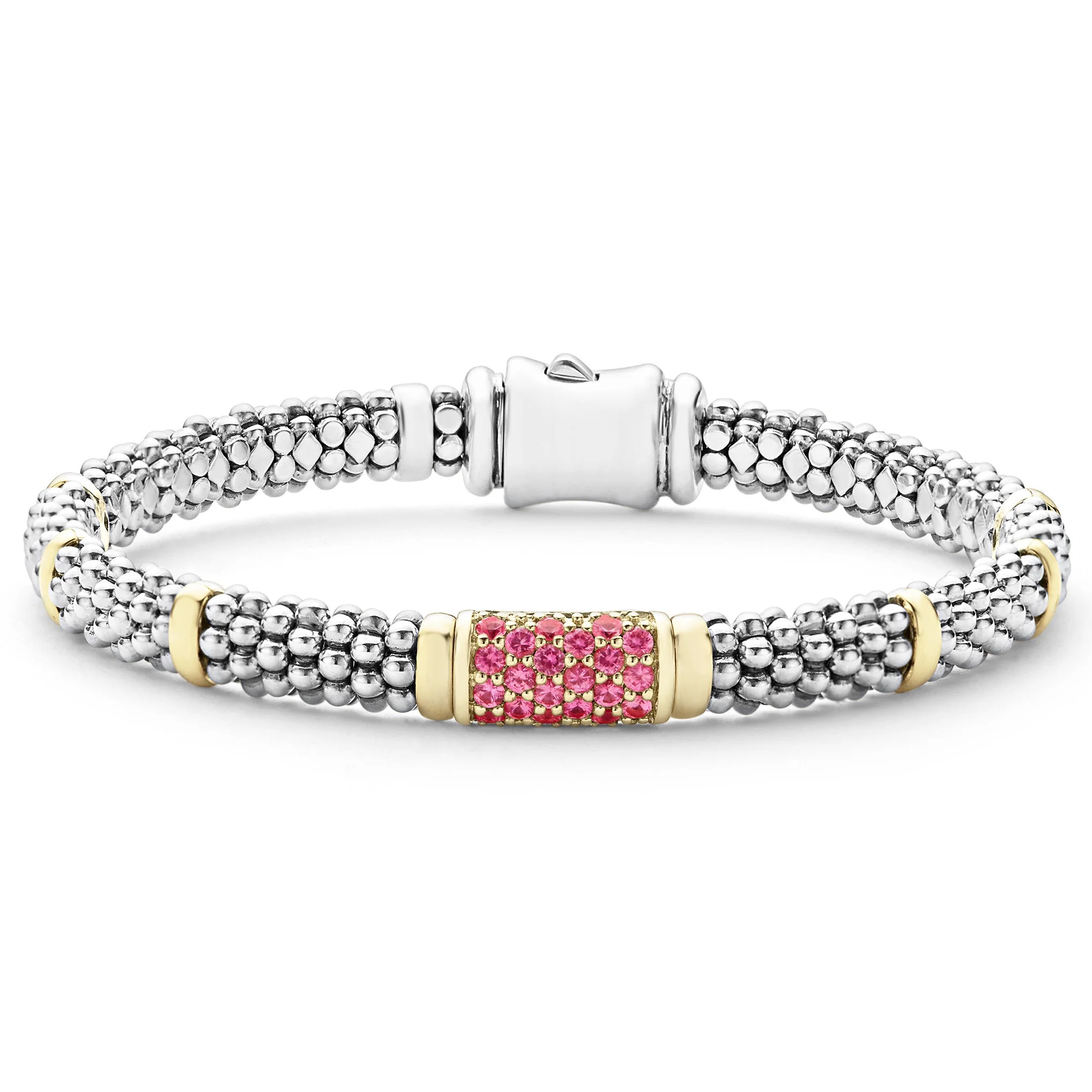 Lagos Sterling Silver & 18K Yellow Gold Signature caviar Pink Sapphire with Gold Stations 6mm Rope Bracelet Size 7