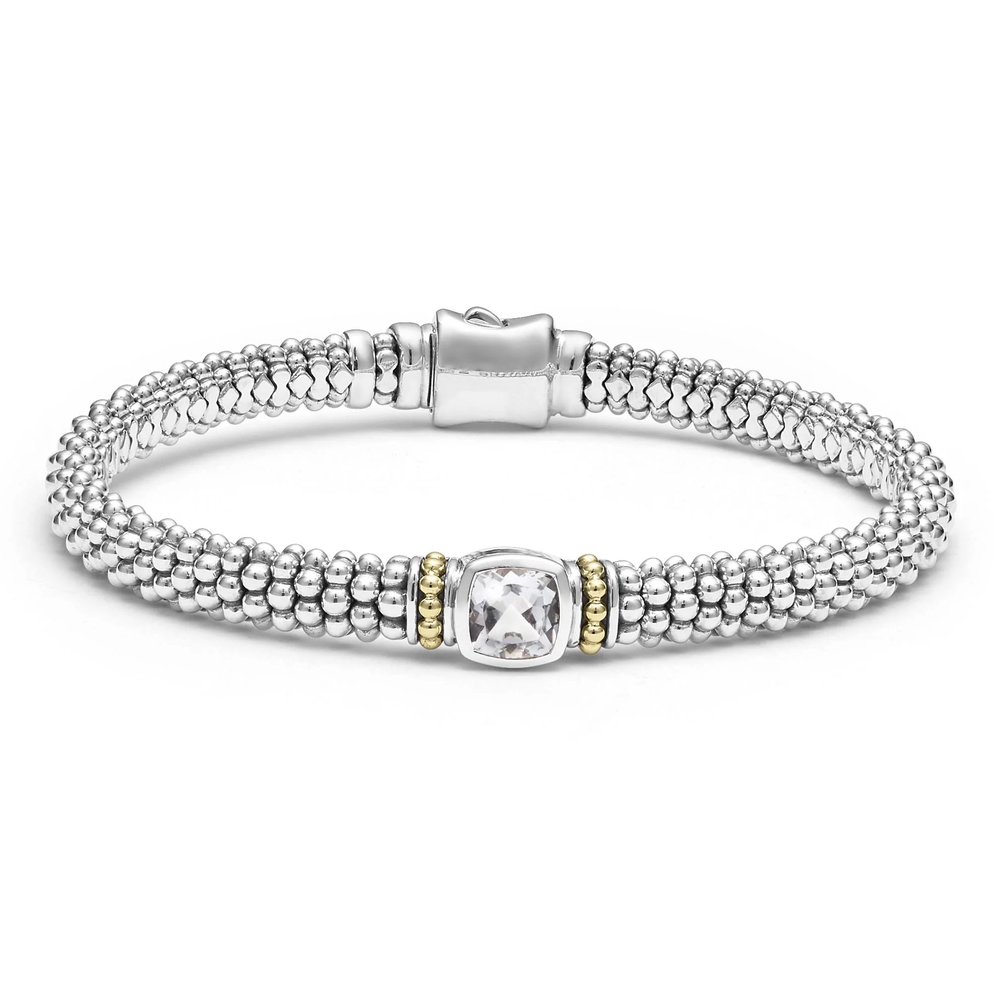 Lagos Sterling Silver & 18K Yellow Gold Caviar Color Bracelet with 1 White Topaz 6X6mm Size 7