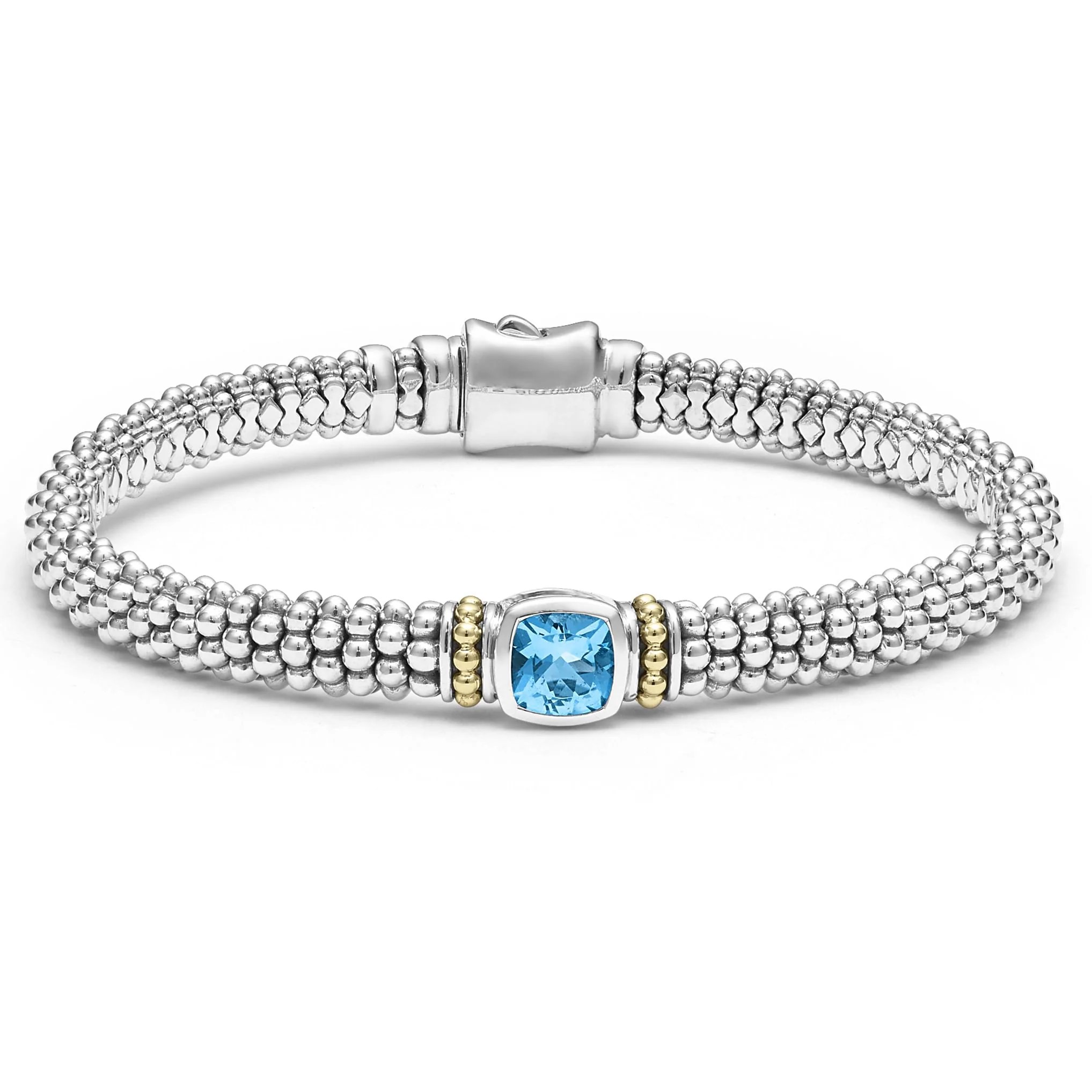Lagos Sterling Silver & 18K Yellow Gold Caviar Blue Topaz 6X6 Cushion 6mm Rope Bracelet  Size 7